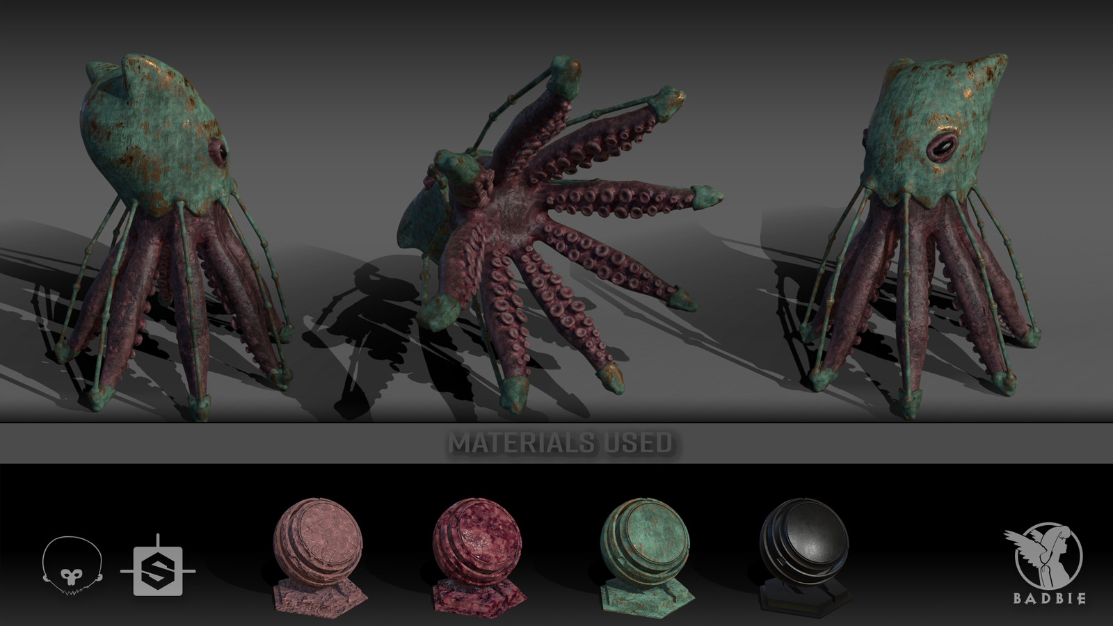 I made the red and pink flesh in substance designer. The copper with patina and the black leather on his eyes i used in painter.