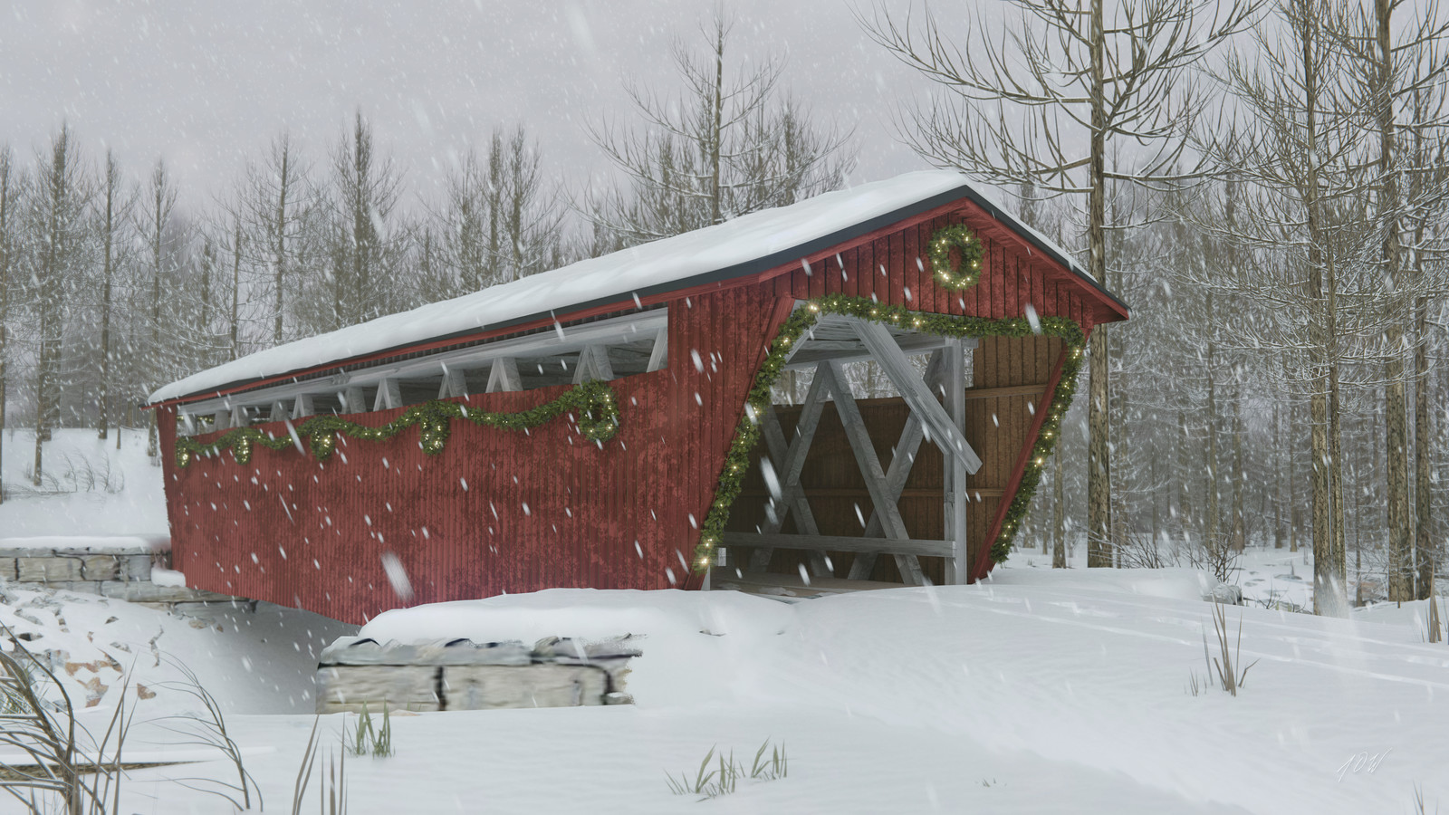 Artstation Covered Bridge At Christmastime John Wrbanek