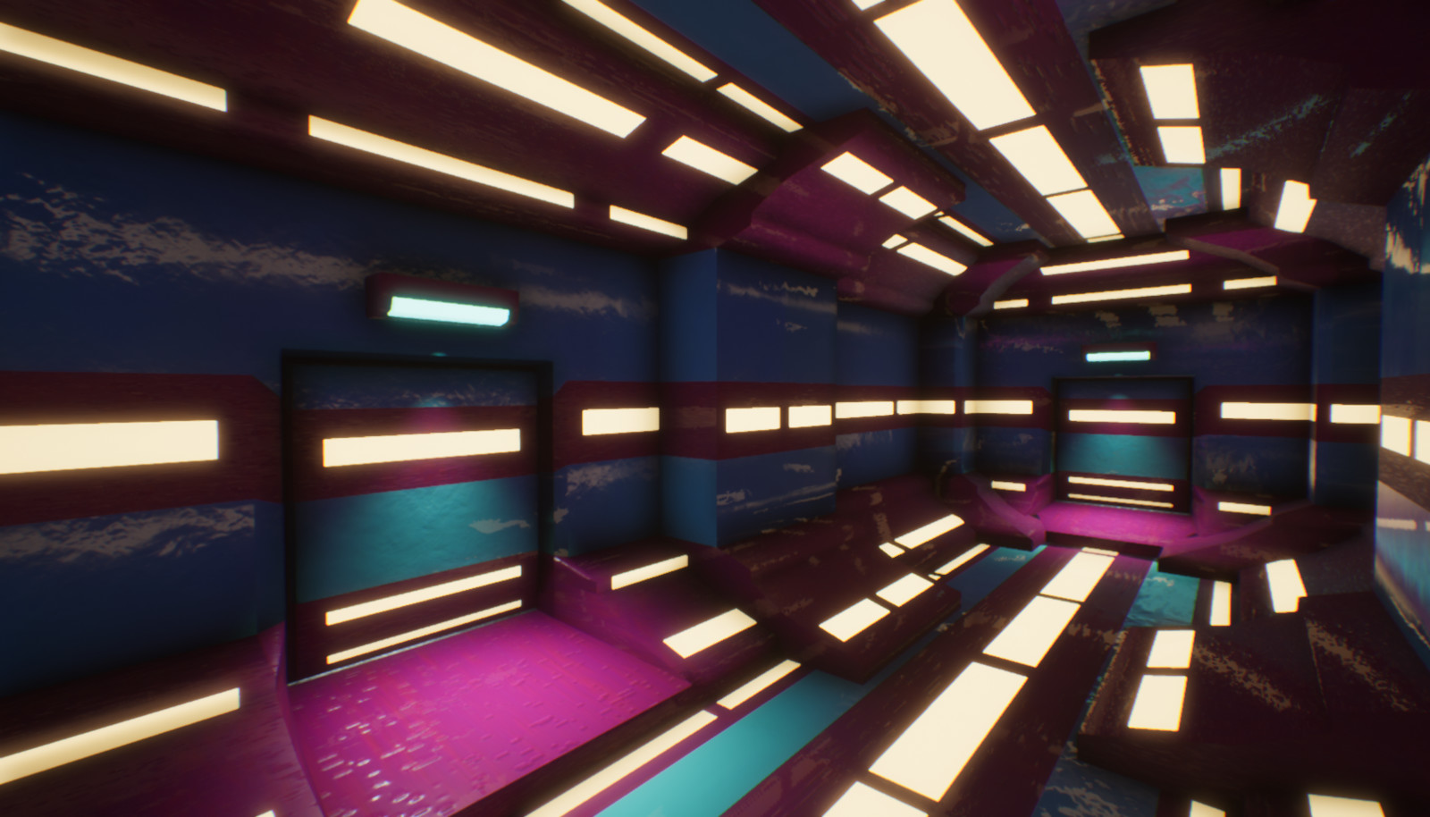 The screenshots of the final level are presented here. After some added effects and tweaks to the lighting and materials, the spaceship's halls finally started to look like they were booting up.