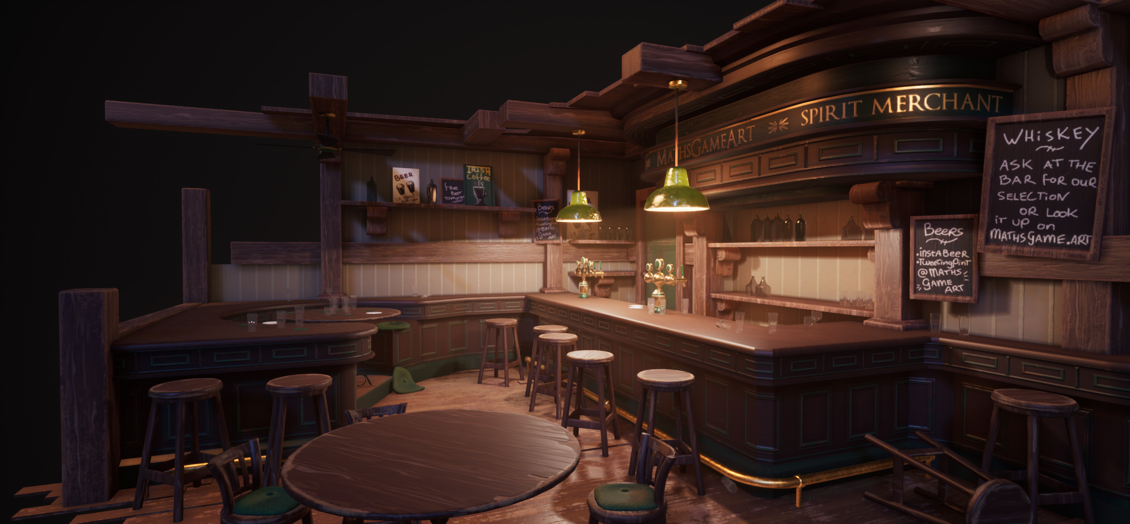 Imported everyhing into UE4 to really  get the most out of the lighting. I looked at reference images of cafés and pubs at night and exaggerated some features to boost the atmosphere. 