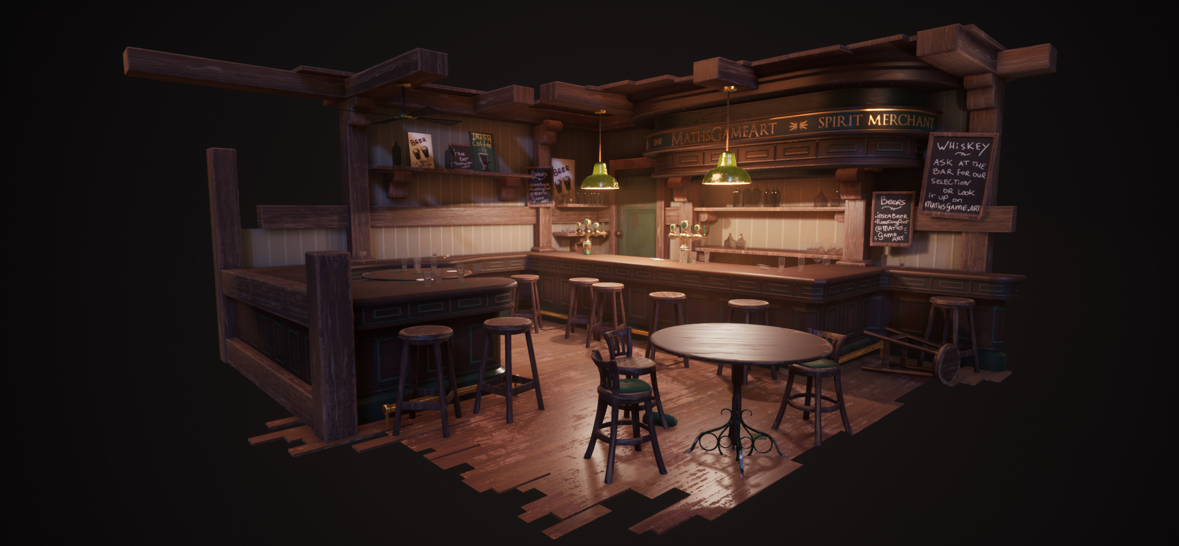 Overview of the entire composition in UE4. The volumetric lights really give that hazy/smokey pub feel and helps a lot to get the right atmosphere.