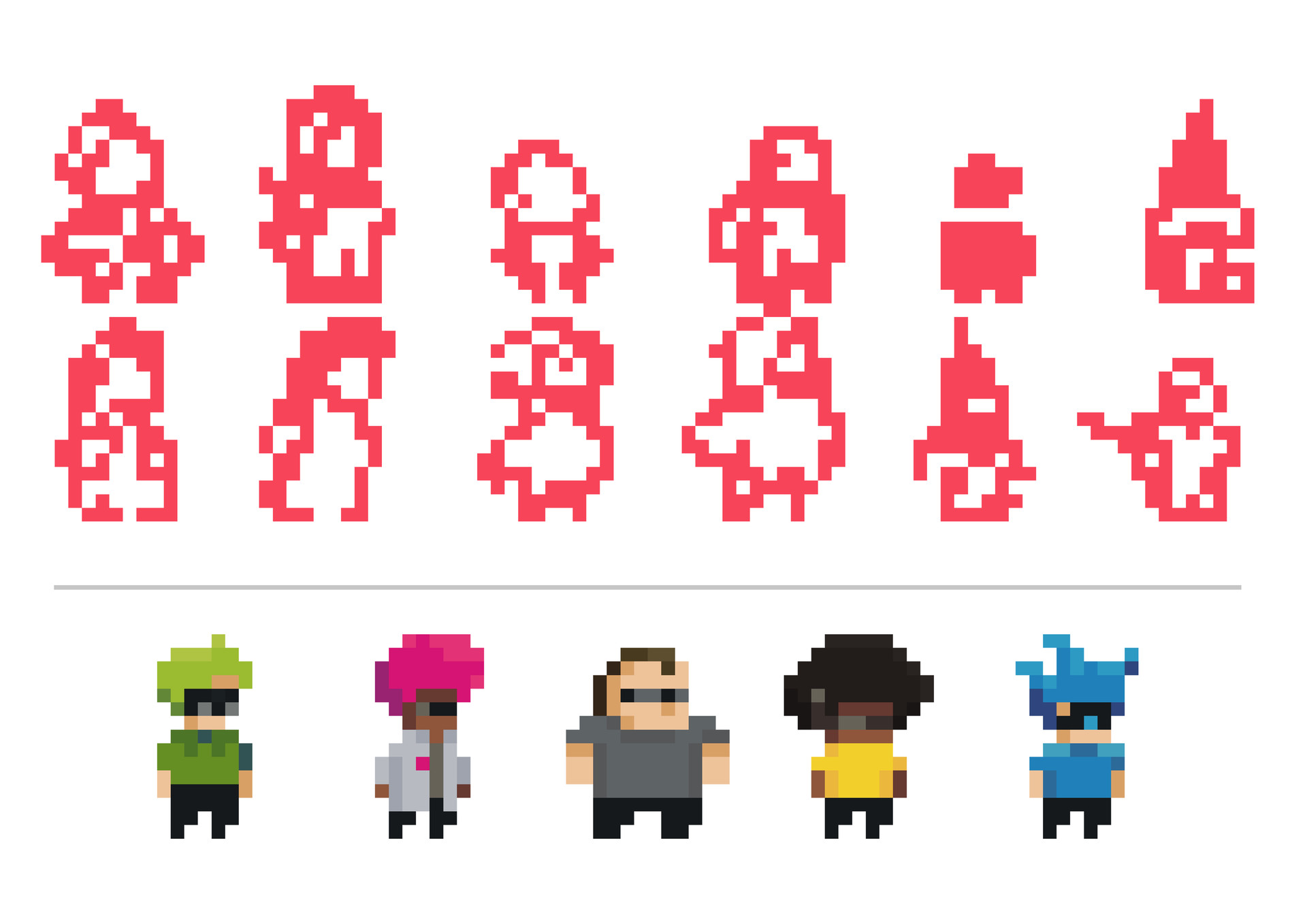 Sketch process of the characters in pixel art.