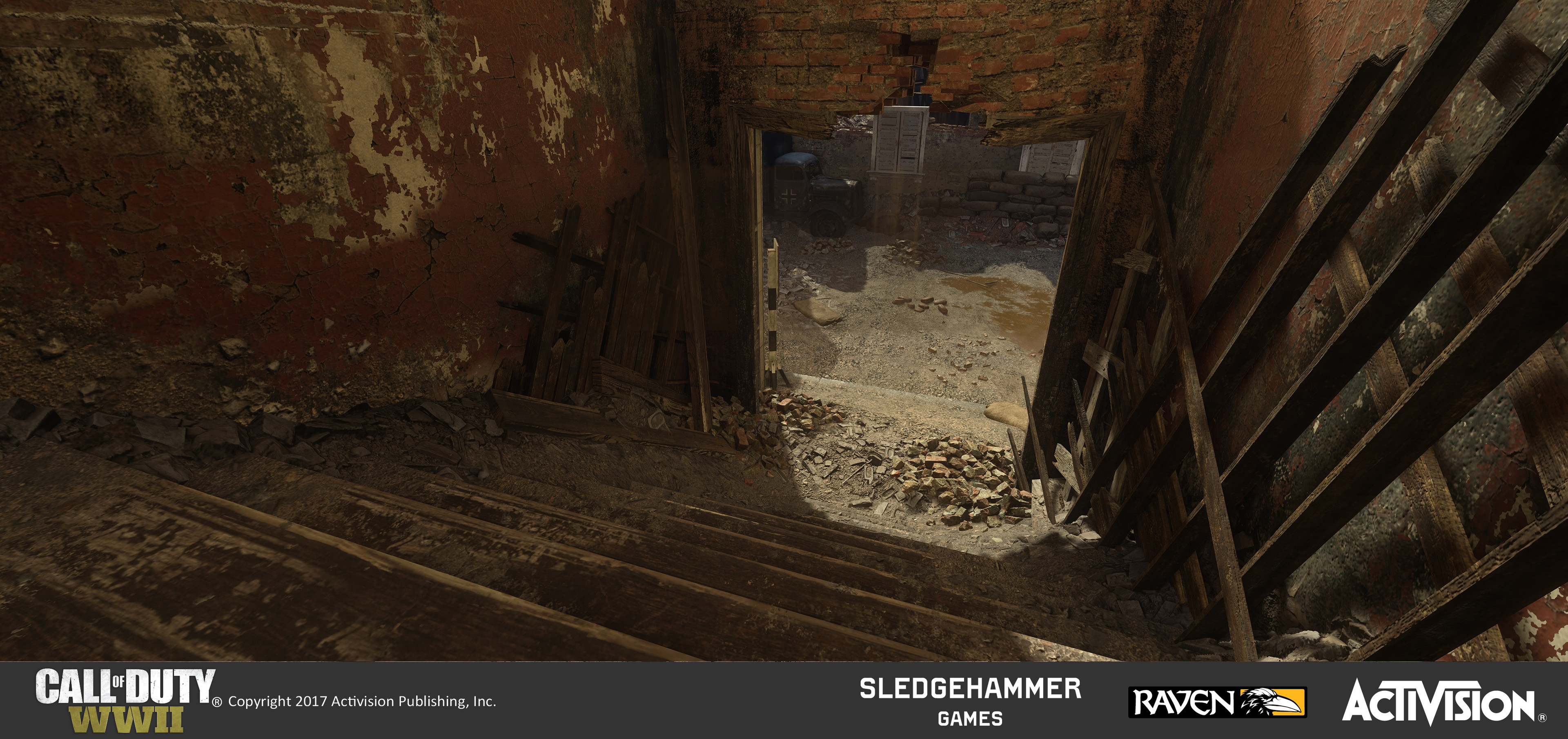 I created the geo for the stairwell, debris pile, and destroyed walls on both sides. I applied pre-existing materials as a unique treatment to this area. Our effects department added a falling dust effect under the bricks over the door frame. 