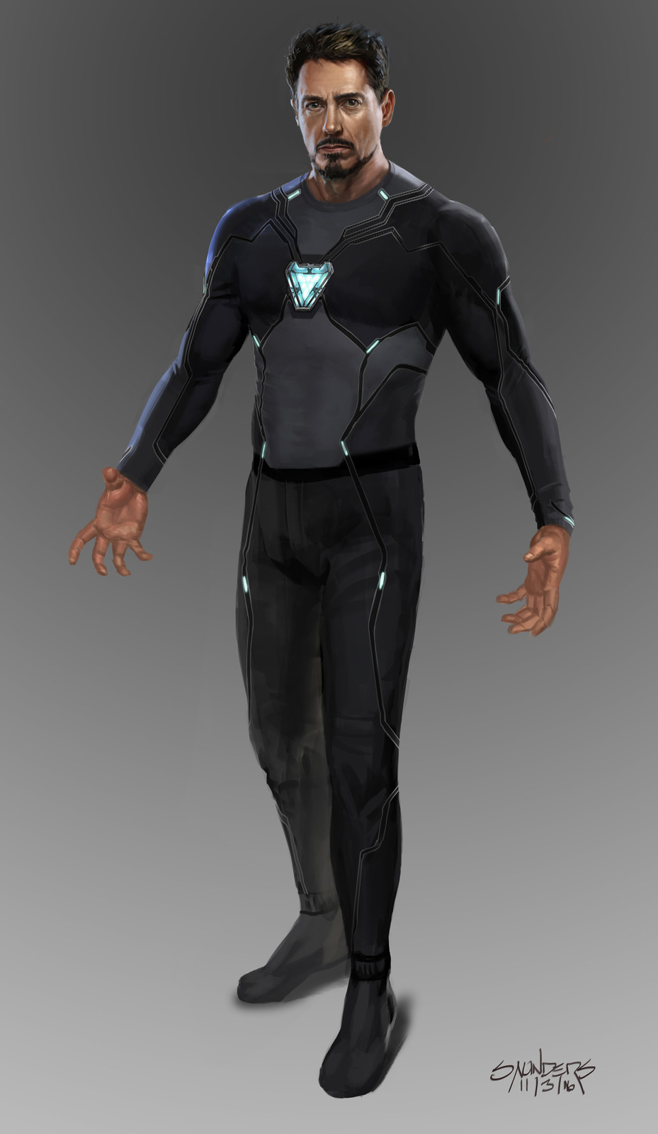 Stage one: Original undersuit (design by Josh Nizzi.) The nanotech was intended to flow out from the main RT in the chest as well as the satellite arc reactors along the body. 