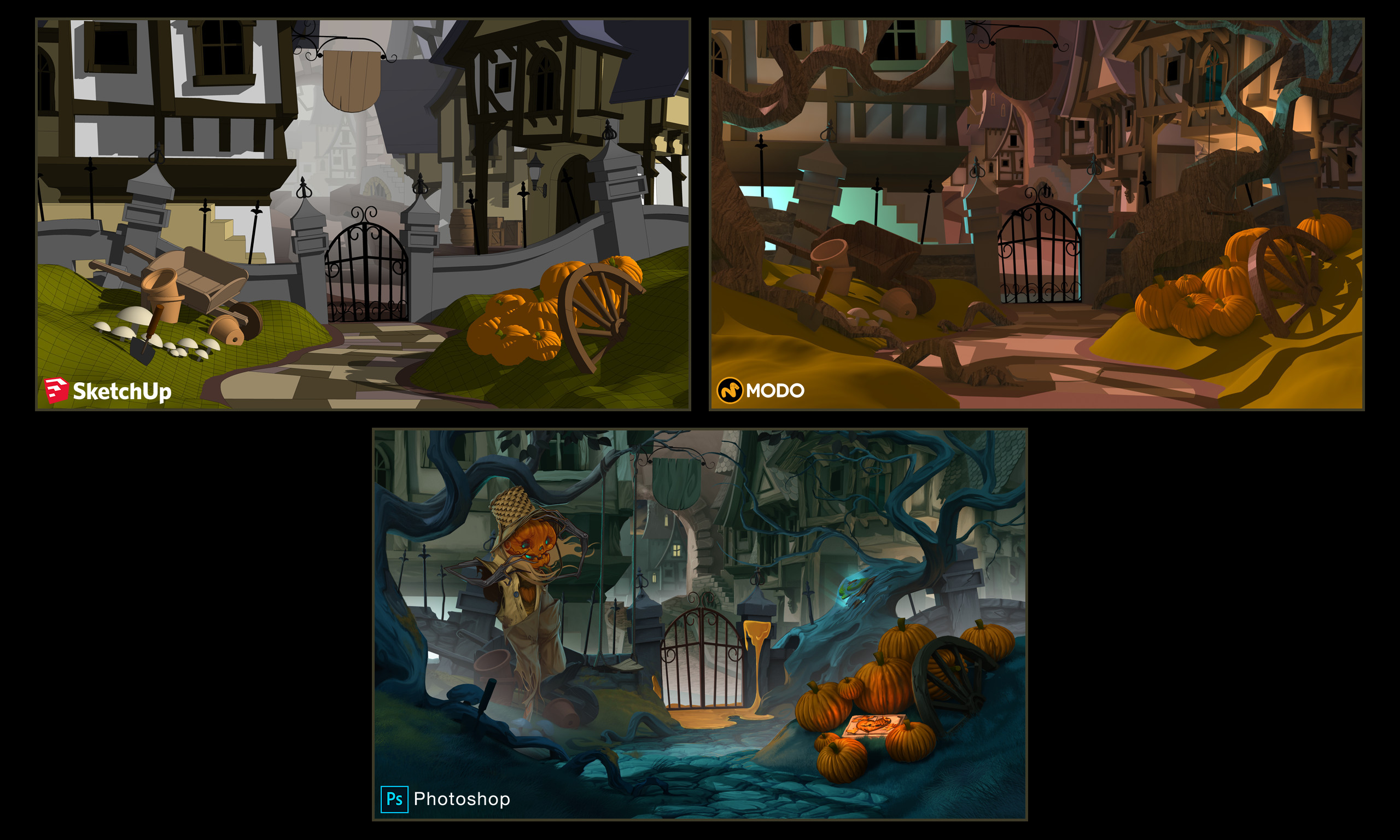 Front Yard Breakdown - All scenes were first modeled in Sketchup, textures and lightening were added in Modo and then everything was painted over in Photoshop.