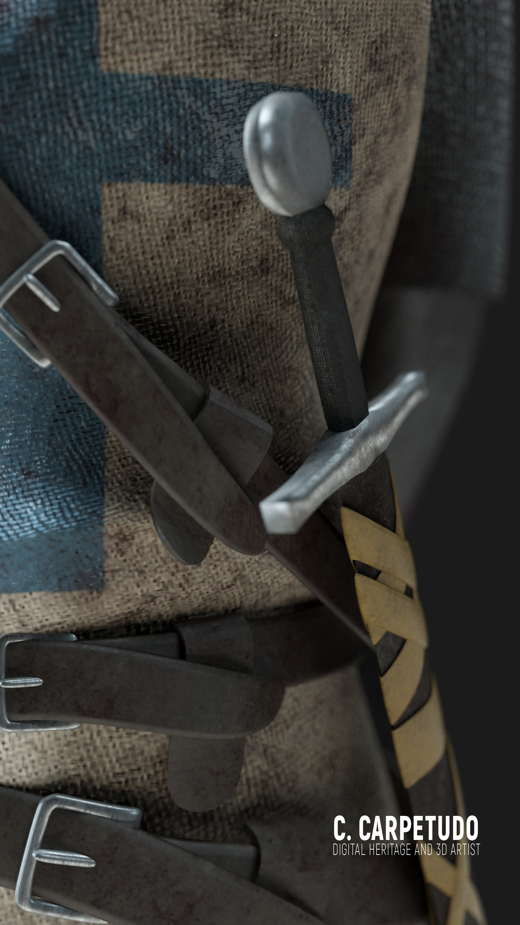 Detalhe na espada e nos cintos/Detail on the sword and belts.