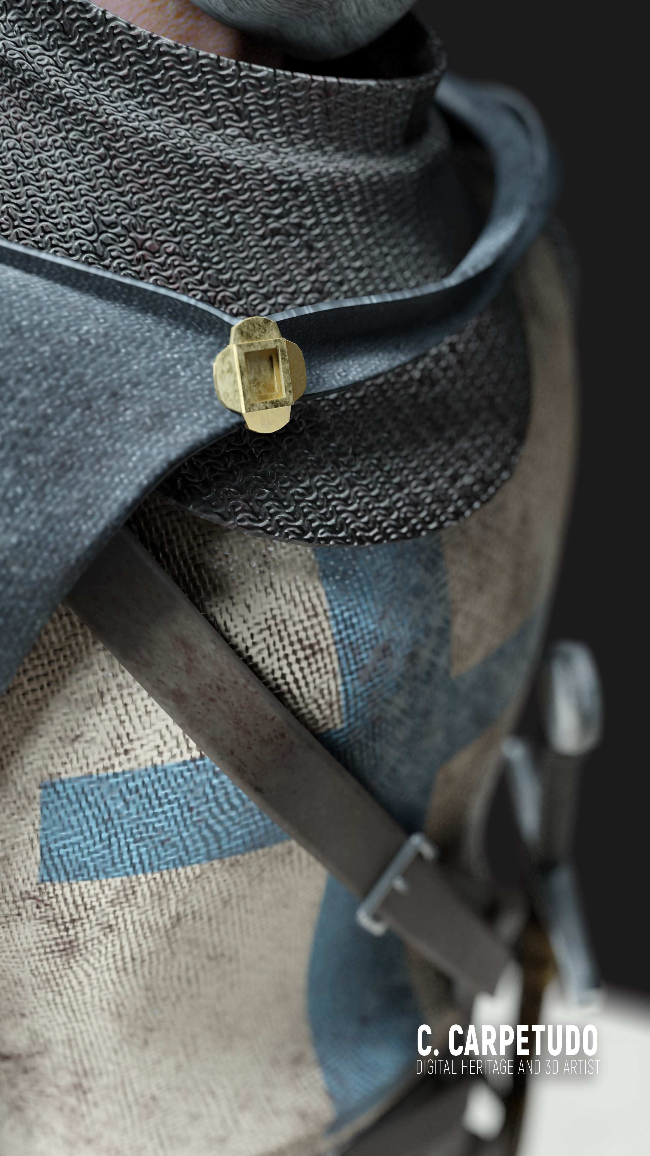 Detalhe na capa e túnica/Detail on the cape and tunic.