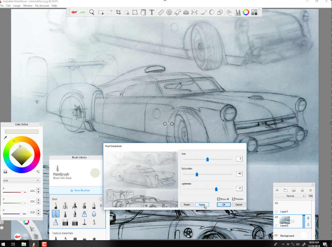 Sketch starts on paper, pretty well worked out prior to rendering.