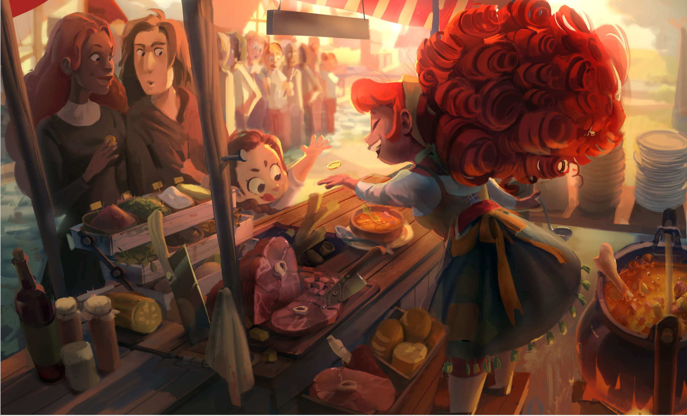 A fun scene painting of Tabby serving food behind her food cart.