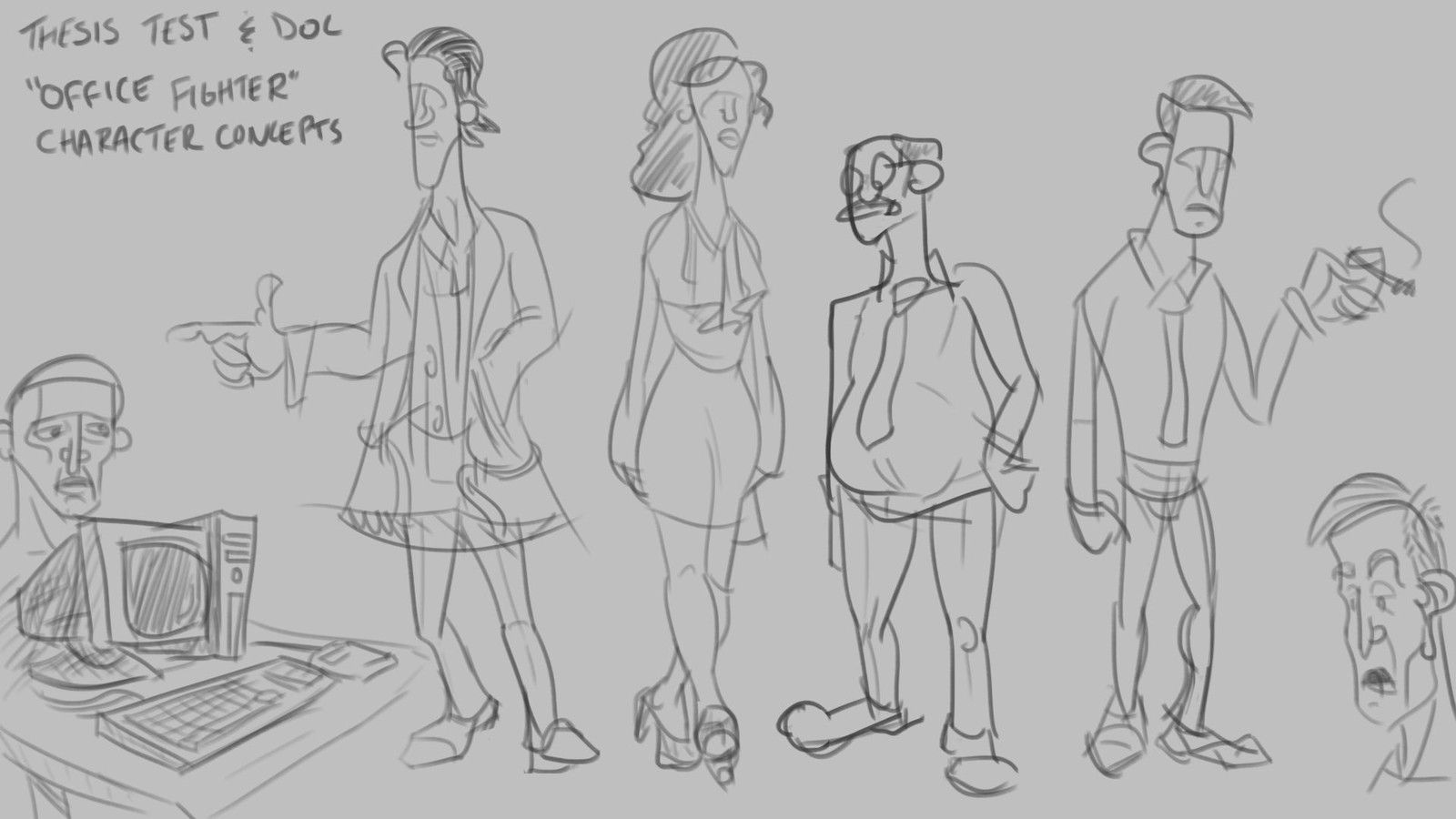 From an initial batch of sketches I chose the one I felt best fit each character's persona. From left to right: the 'Boss' character, the 'Secretary', the 'I.T.' guy, and the 'Sales' character.