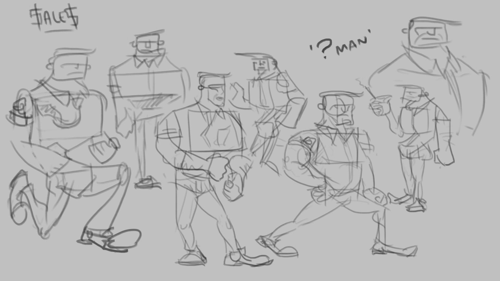 Each design got some feedback and refinement. The Sales character, a brawny dullard restrained by office culture, became more boxlike and chesty.
