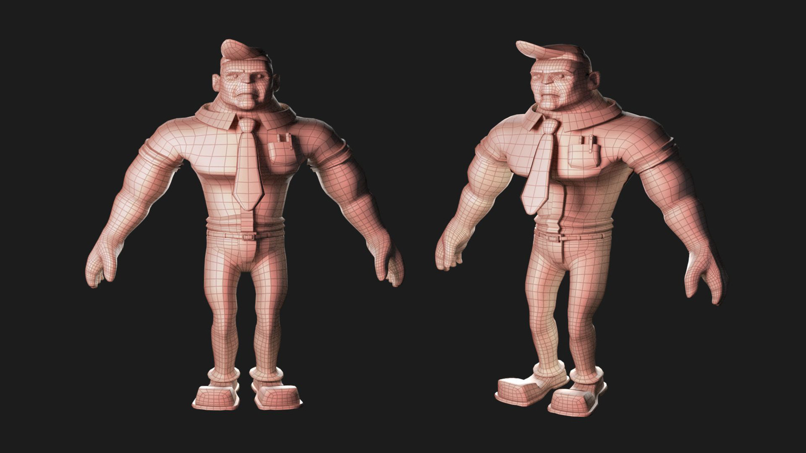 After the blockout stage, I carefully modeled and sculpted each character. I did the Sales character within my first semester as a proof-of-concept.