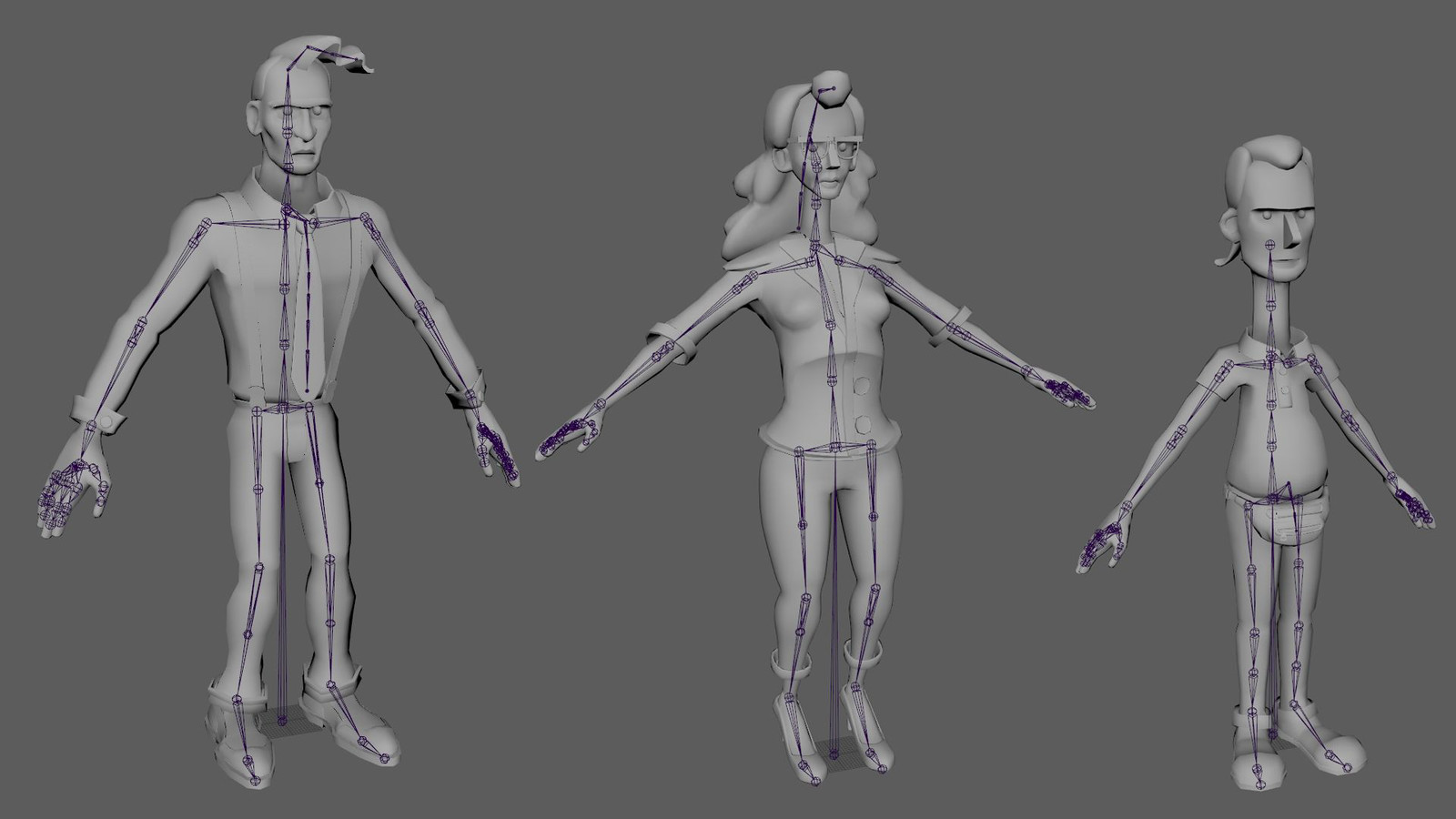The skeleton layouts of the other 3 characters.