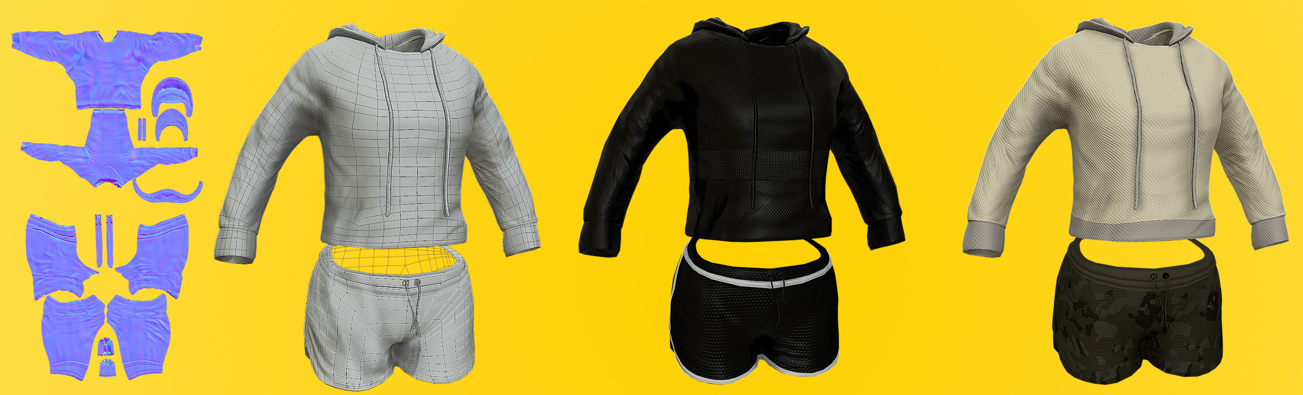 Modeled clothing and uvs of outfit and others. Two clothing textures to the right were done by Mark Lopez. 