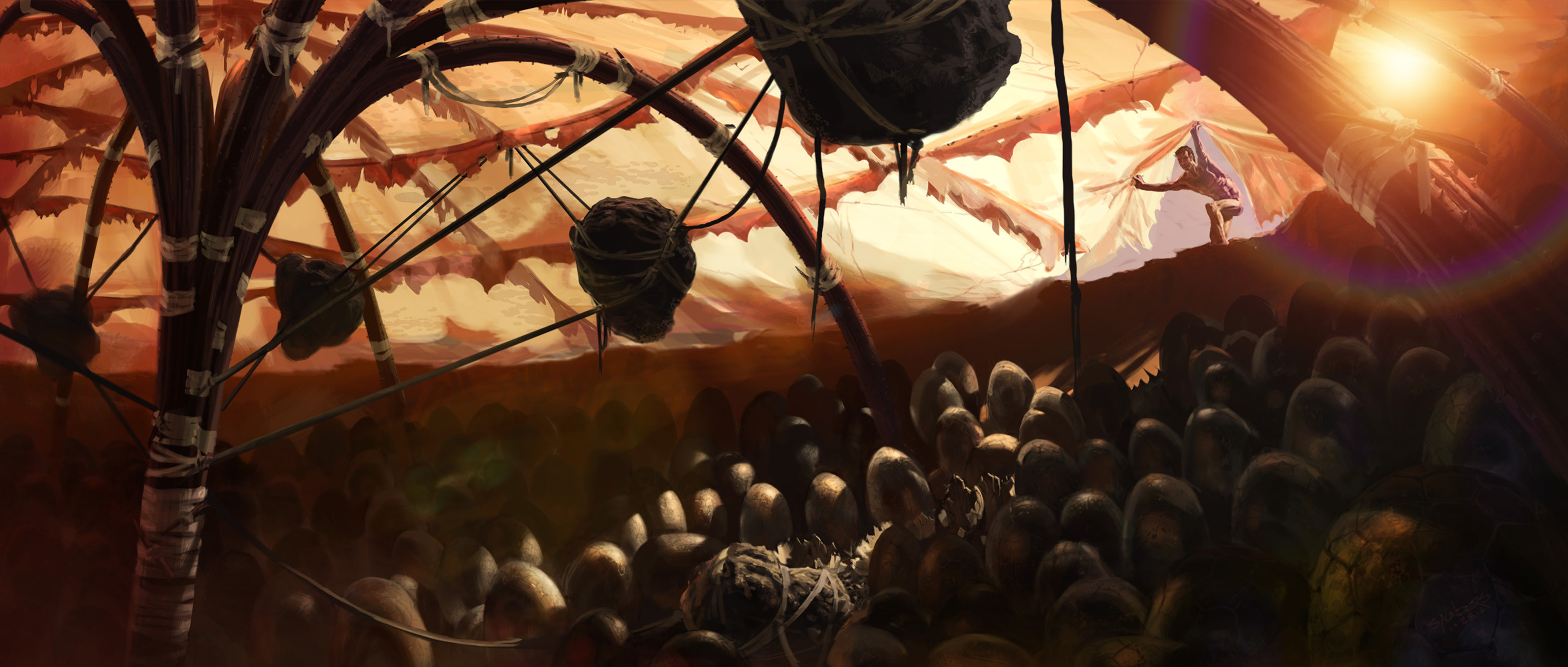 The final keyframe. I thought the translucency of the Thoat hides would lend the environment a warm Hothouse feel.
