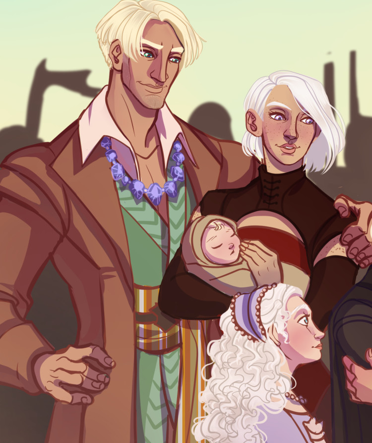 Alyn "Oakenfist" Velaryon, Baela Velaryon  (with their daughter Laena Velaryon), and Queen Daenera Targaryen
