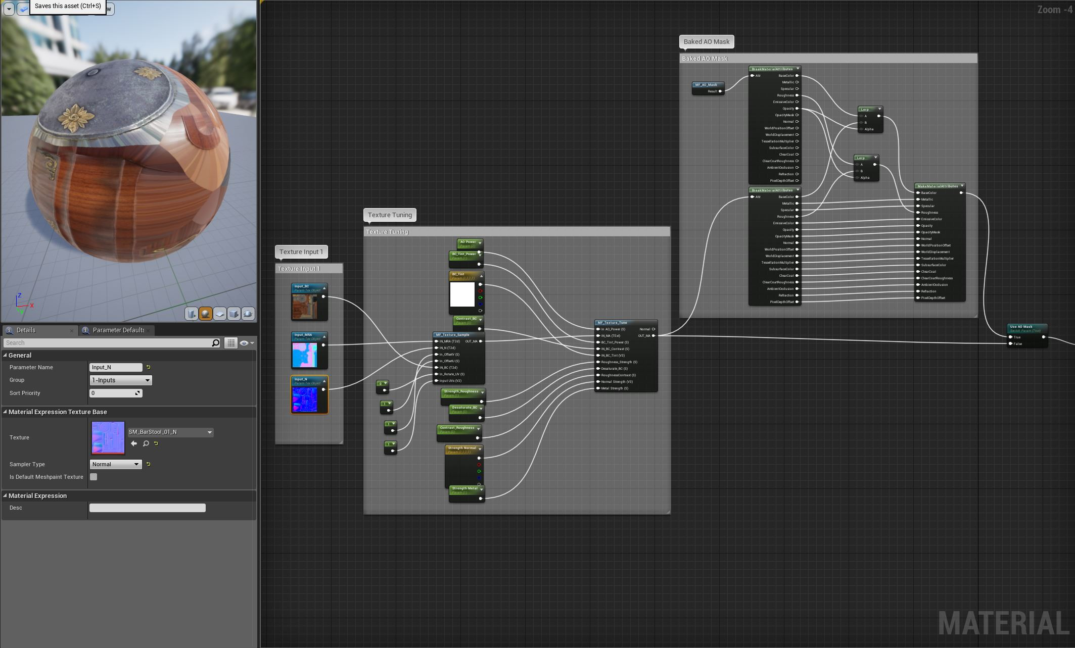 The base prop material doing very similar things to my main shader but using some unique texture inputs for the asset bakes.