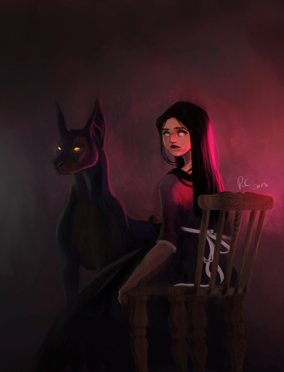 Creepy girl and creepy dog.