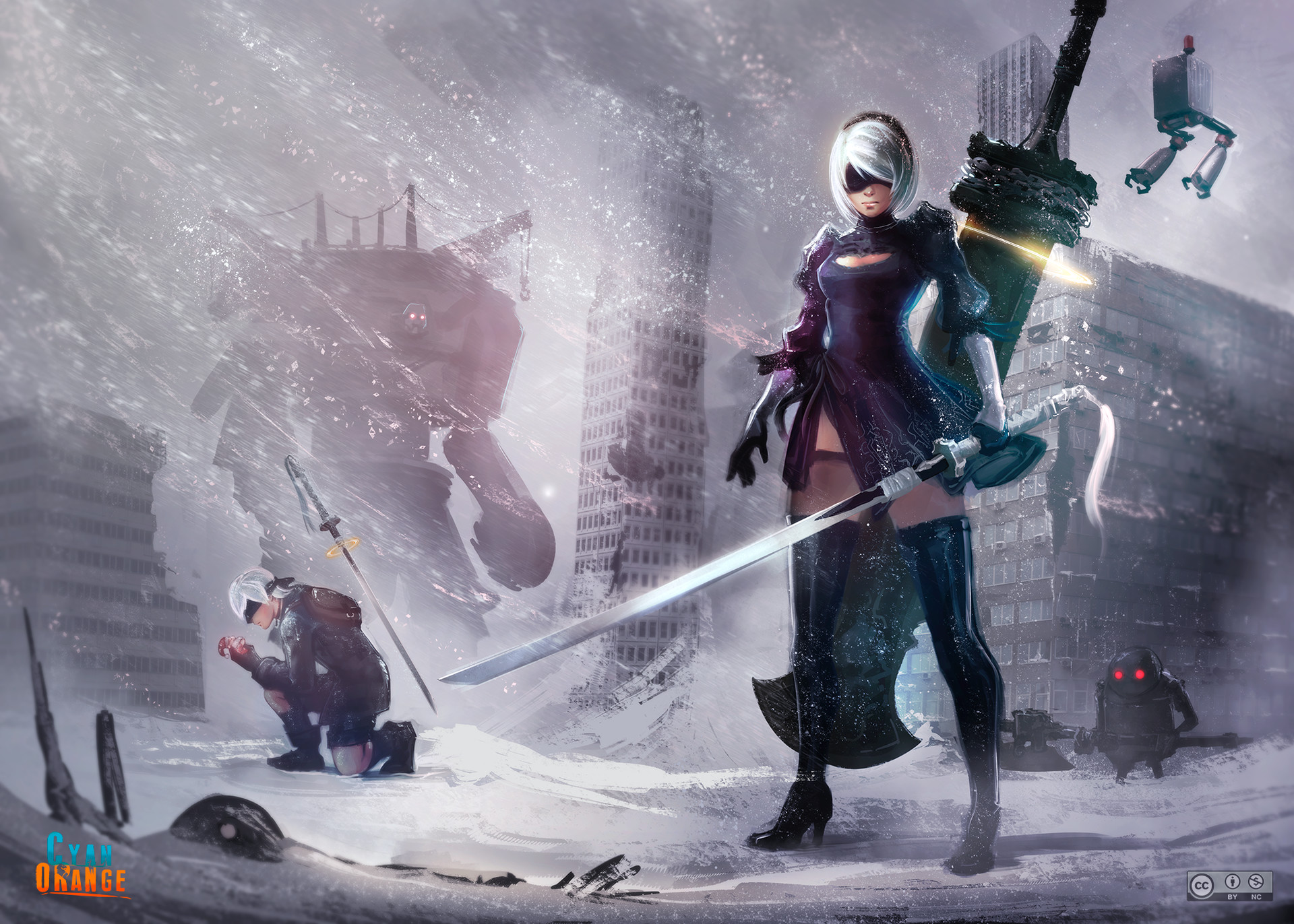 Artstation Nier Automata Fanart Wallpaper Cyan Orange