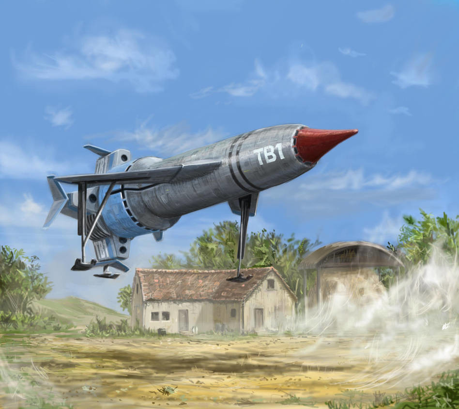 THUNDERBIRD 1
From the TV Series 'Thunderbirds', Produced by Gerry Anderson. This painting is inspired by the episode 'Operation: Crash-Dive' where Scot lands at a coastal farm in order to track a missing 
Fireflash airliner.