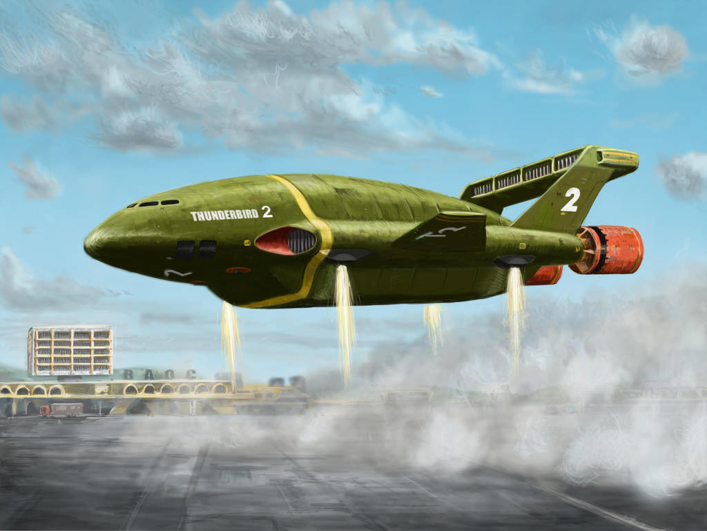 THUNDERBIRD 2
This is a photoshop painting of Thunderbird 2 landing at London Airport. from the pilot episode of the Gerry Anderson TV series 'Thunderbirds'.  Trapped In The Sky.
Thunderbird 2 was designed by Special Effects Director Derek Meddings.   