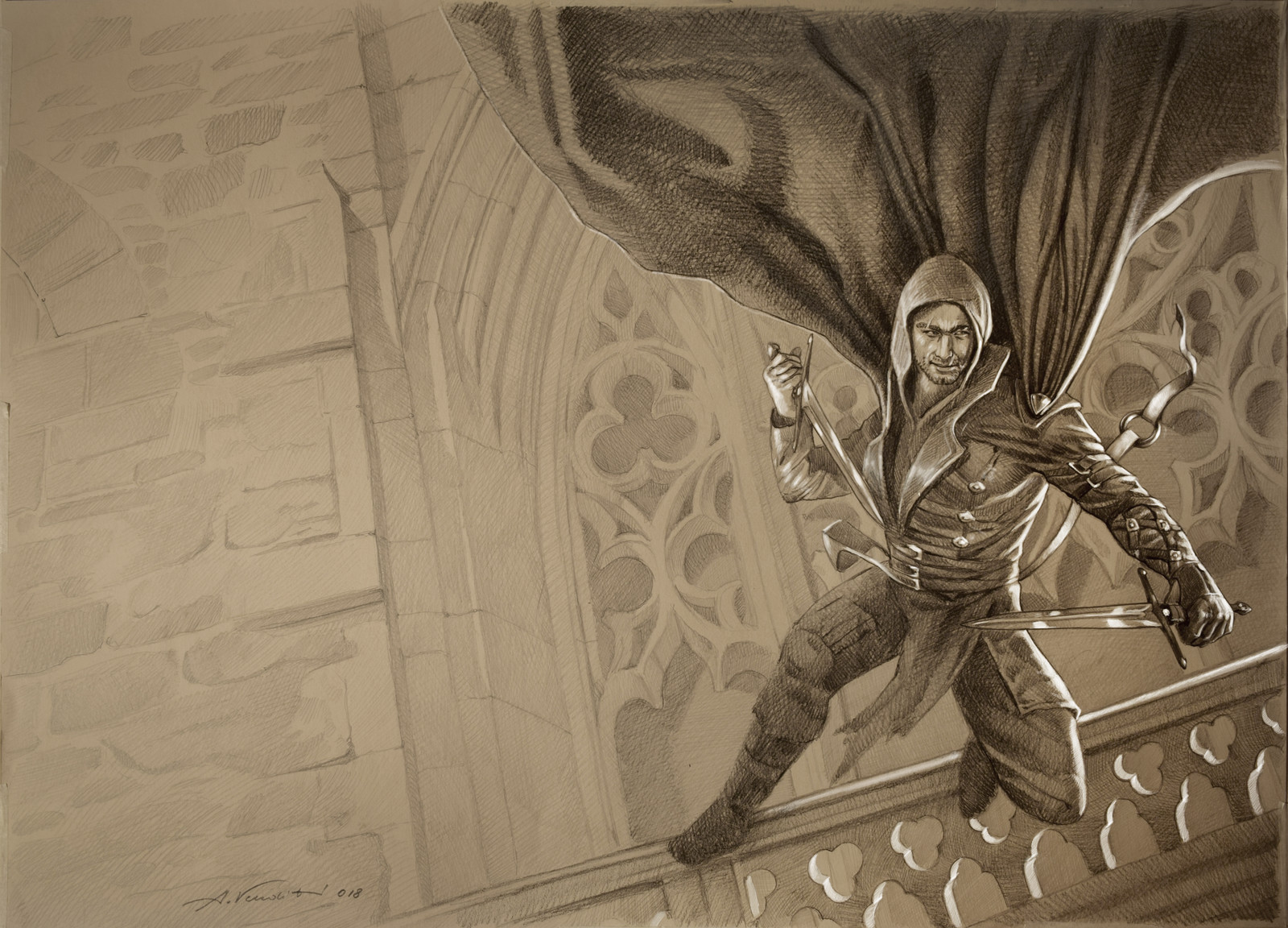 sketch for - the scarlet blades - pencil on paper