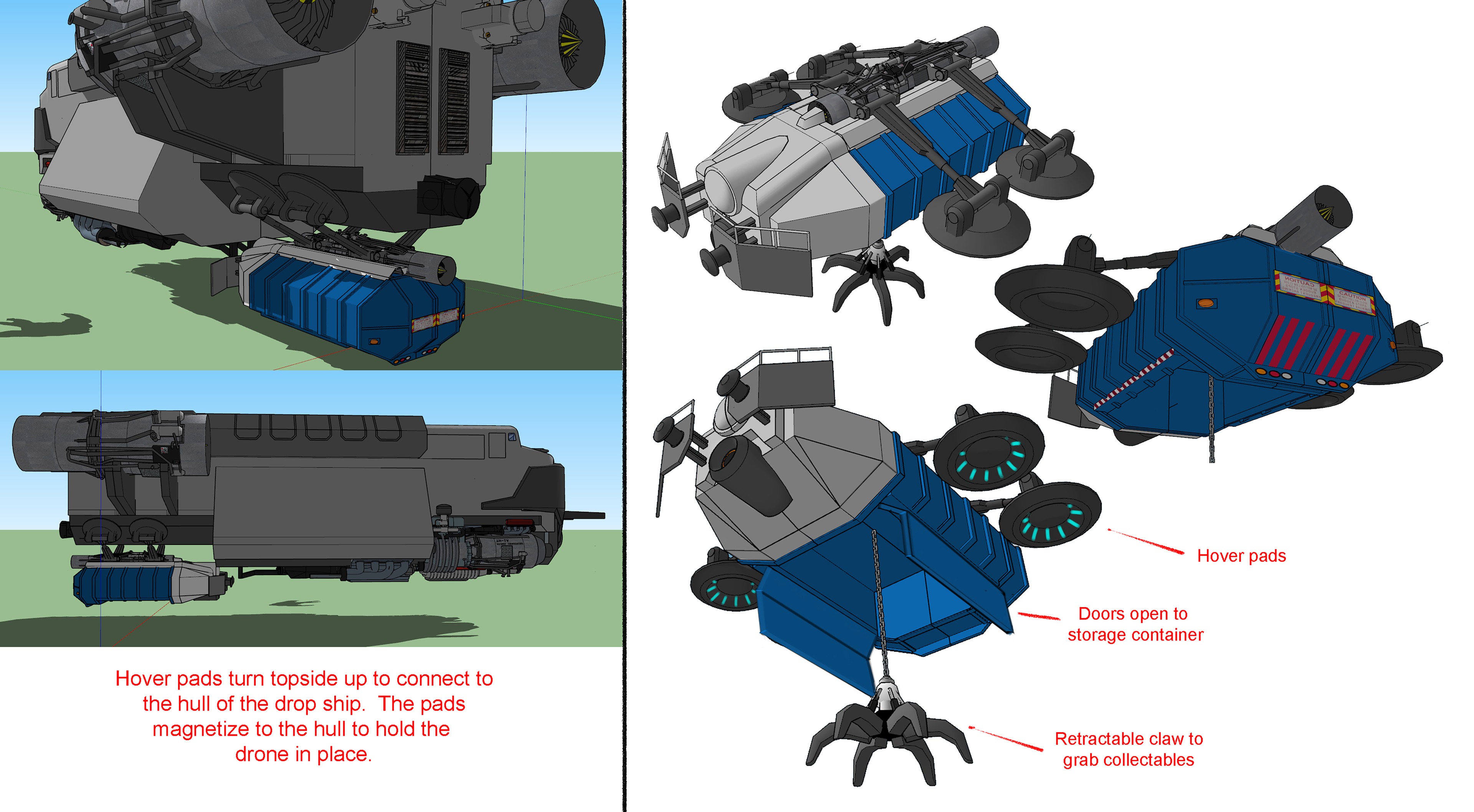 Drone final design.  The drone is stored under the dropship by magnetizing to the bottom hull.