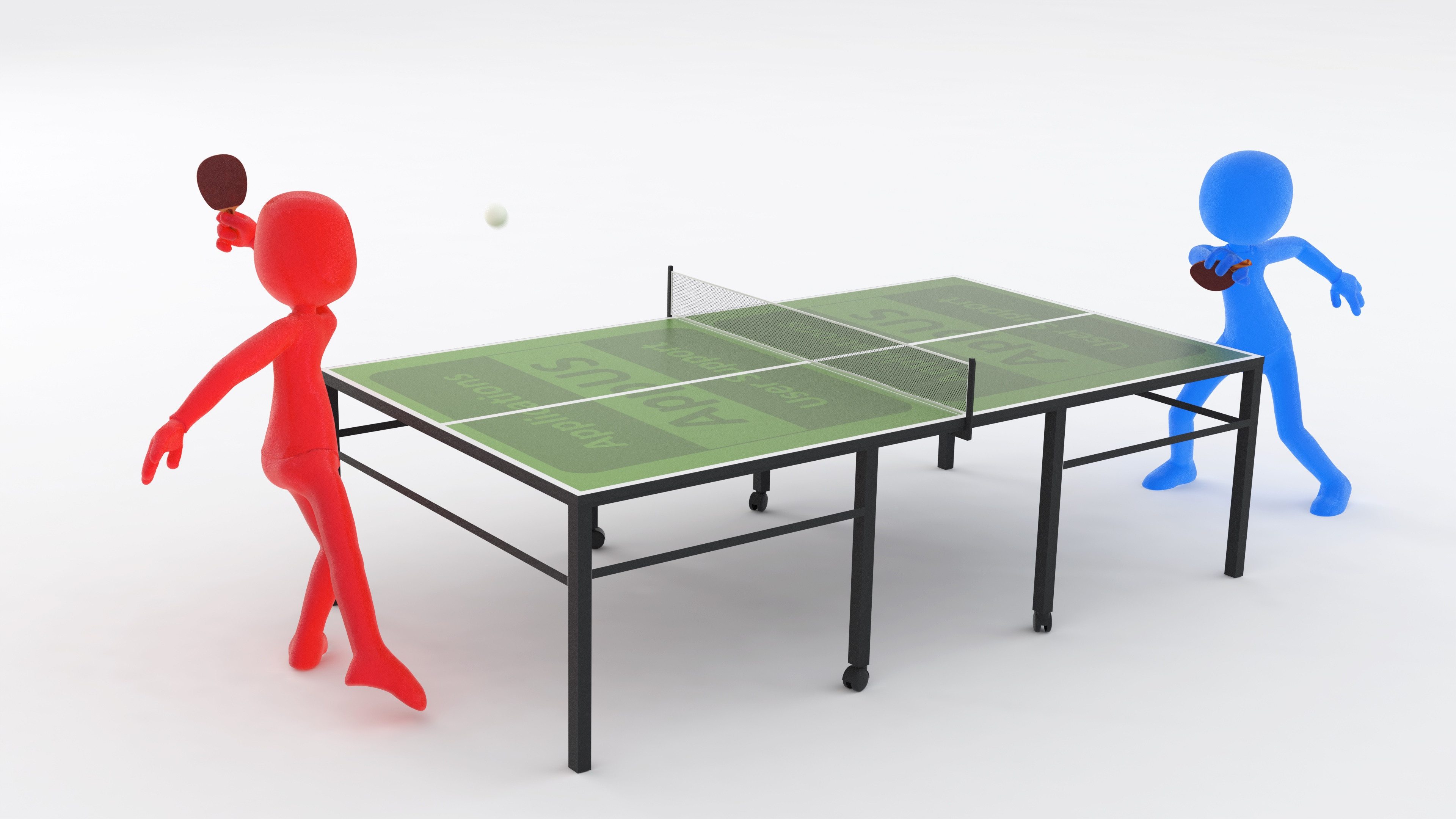 Blue gummy brand mascot and a red analogue using the client’s table tennis facility - this image done as a moral effort for staff...