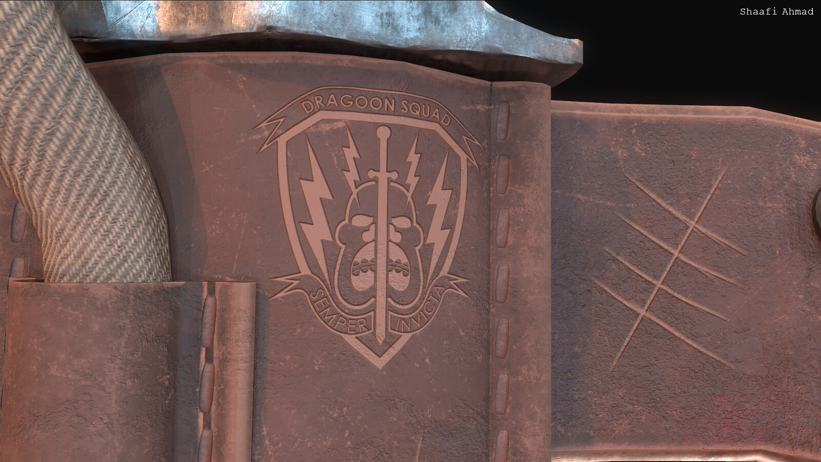 Semper Invicta (Always Invincible) written in the banner with the sword, which represents the Brotherhood Paladins, going through the super mutant.