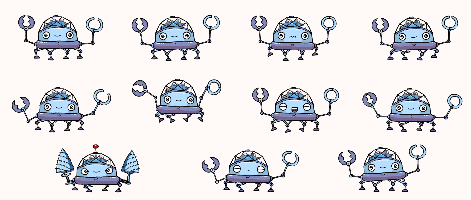 all main character animations for the game  
(antenna was suppossed to be added in game, exported only one as demo for it intented look)
Design of the robot by me and Luis Paredes,who drew the parts i used to make these animations)