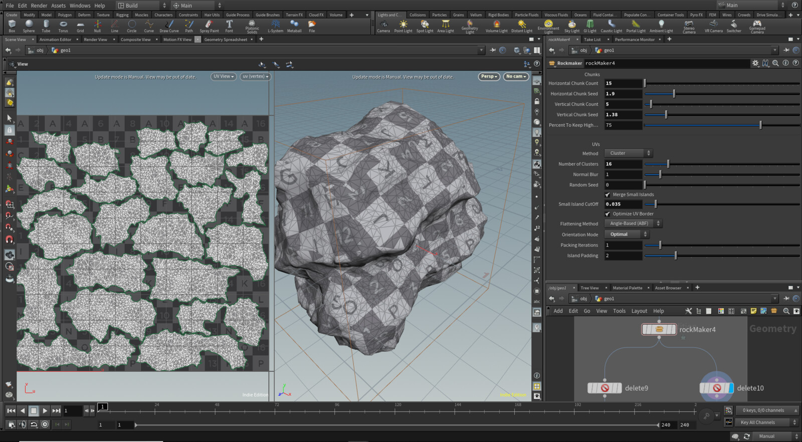 The rockMaker smart asset takes in a simple rough mesh as input and fractures and distorts that shape to make rock chunks. UV's are also generated procedurally.