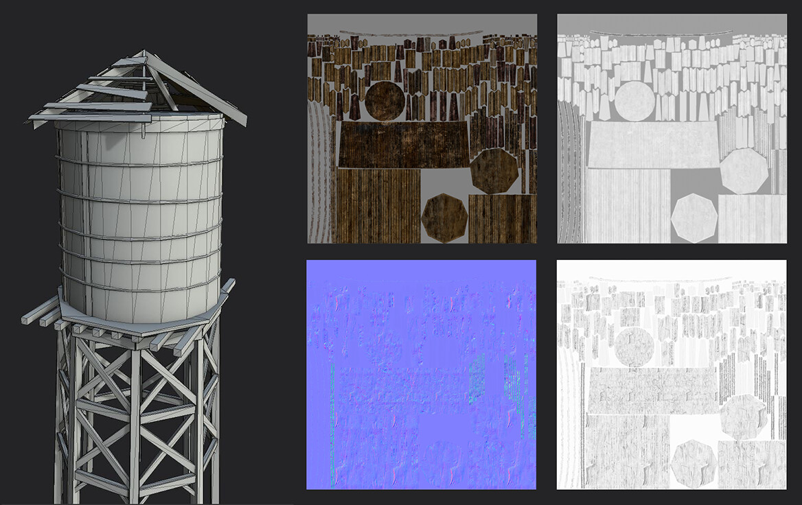 The Water Tower | The tower model and texture maps. Instead of these wood plank having unique UVs, I could have overlap some. But I've had the budget to do it this way, so why not?