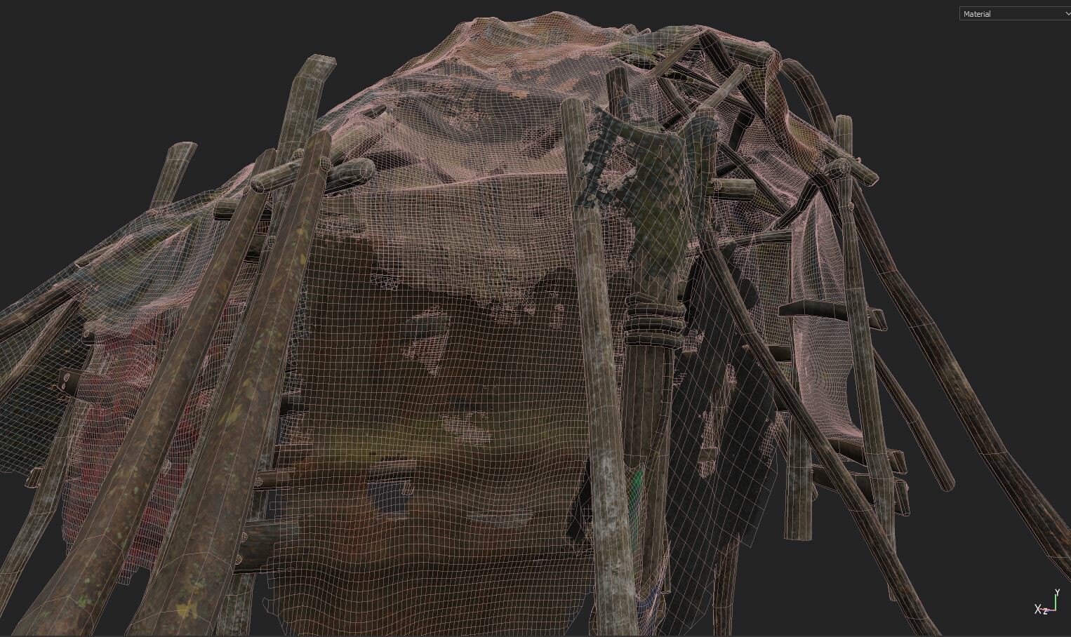 The Hut - Wire frame| It is a hero asset so it is dense in poly count. The overall scene was small, so I didn't care about trying to reduce the polys where it is not needed. But, if optimizing the performance was an issue, I would do a poly reduction pass
