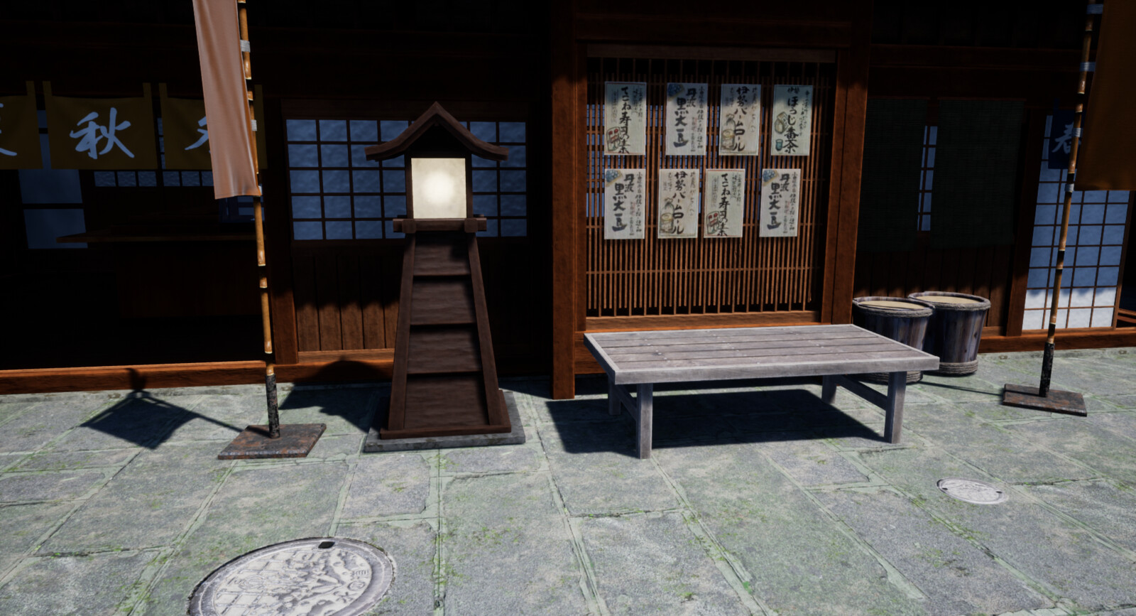 I’ve started adding a few details to the scene, in order to make the environment more lively. I had to model a few new meshes and make some textures. My friend did the sewers like decals. I still want to add some text on the banners and make some new curt