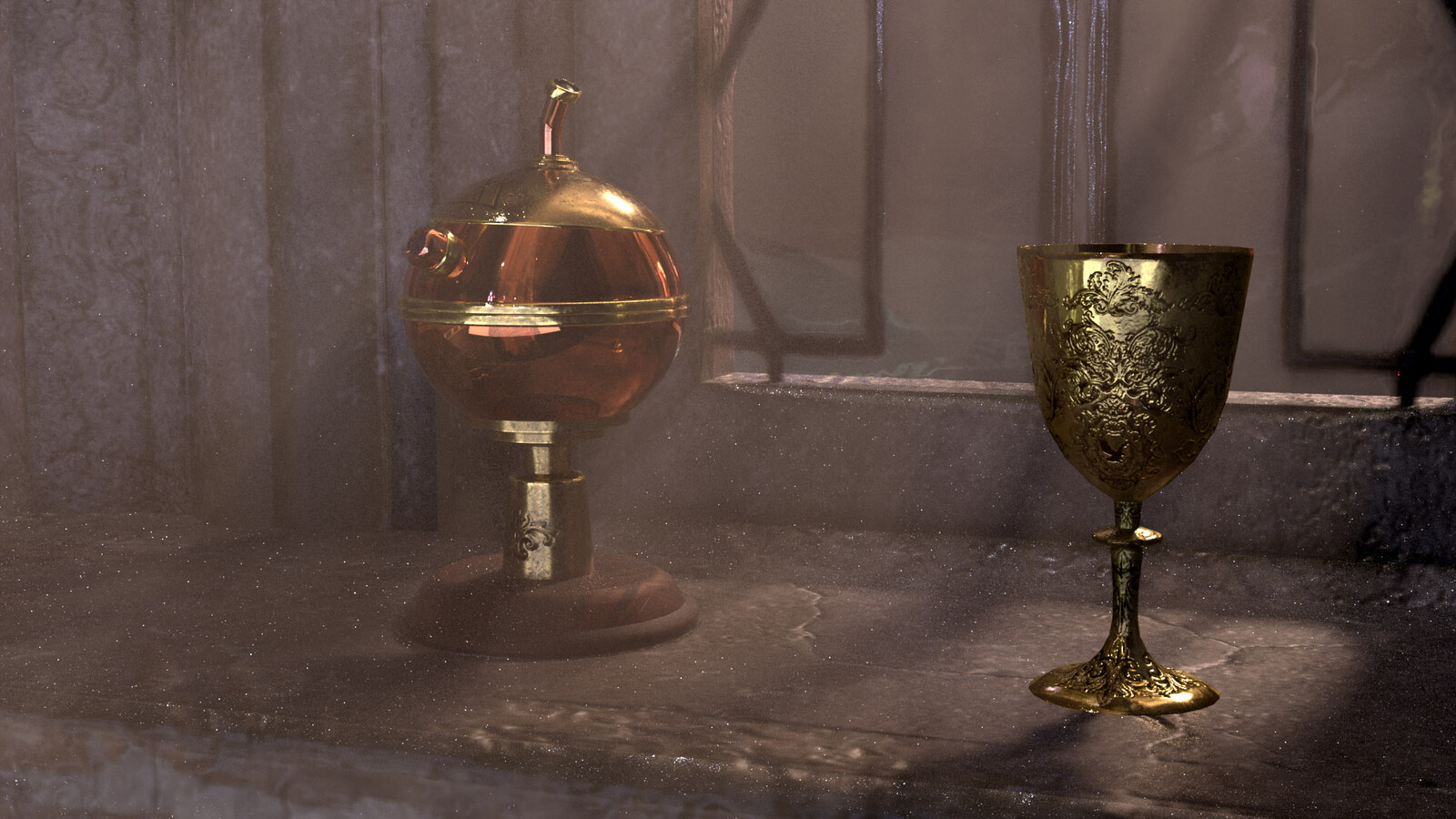 Goblet and copper ball...thing on window sill. 
