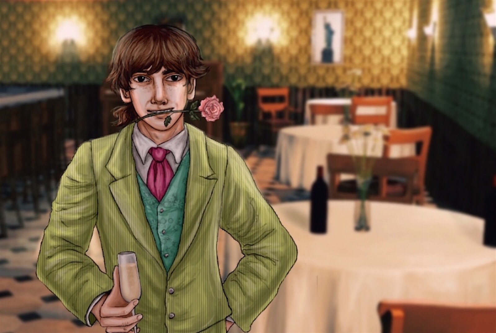 Our finished promotional art featuring the protagonist, Sam, in the  speakeasy  for our indie visual novel “Sam in New York."

Follow us @fortunusgames on Twitter and Instagram for more news!