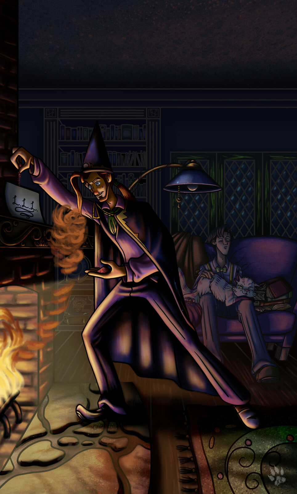 Unused illustration for the book. Guy in the front is leaving a letter with a spell of protection for the sleeping guy in the back.
