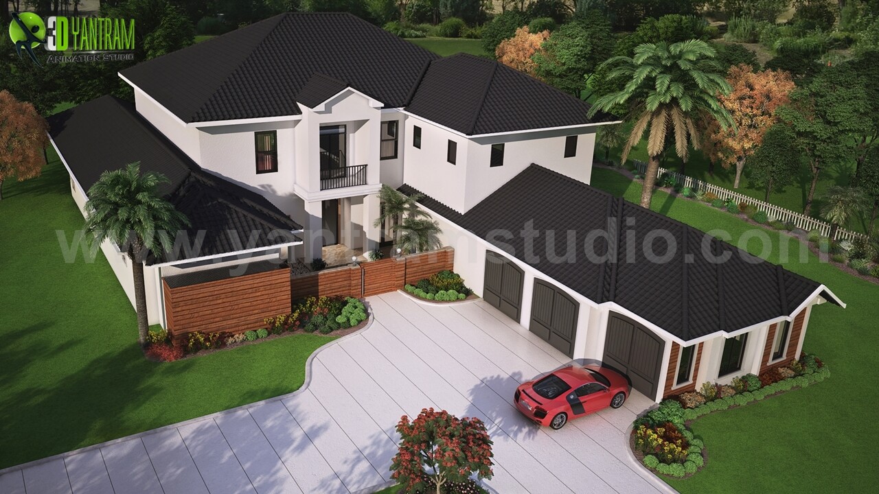 Artstation Modern Exterior Rendering Services Top View With Brown Metal Roof House Washington Usa Yantram Architectural Design Studio