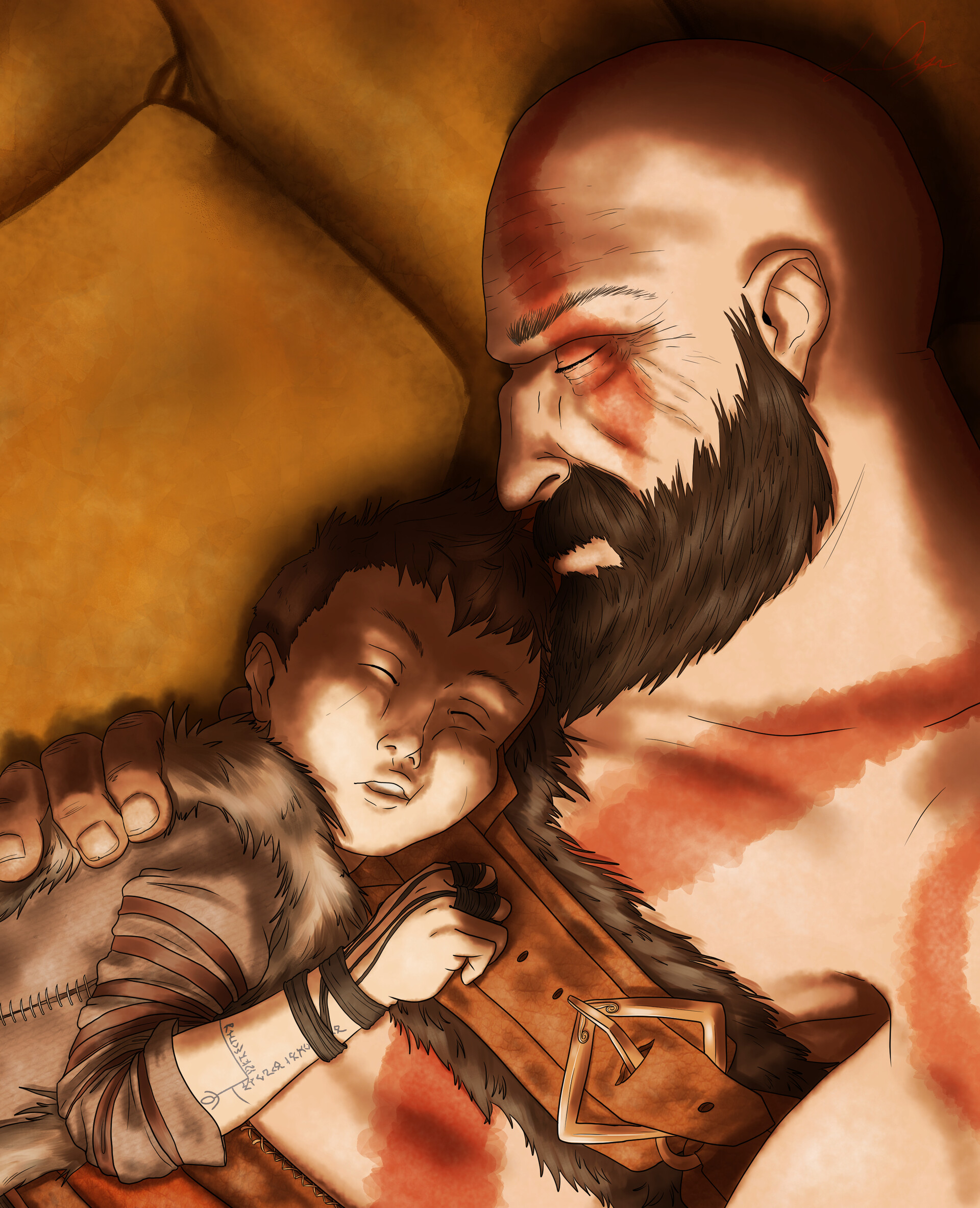 Kratos and Atreus sleeping by the fire. 