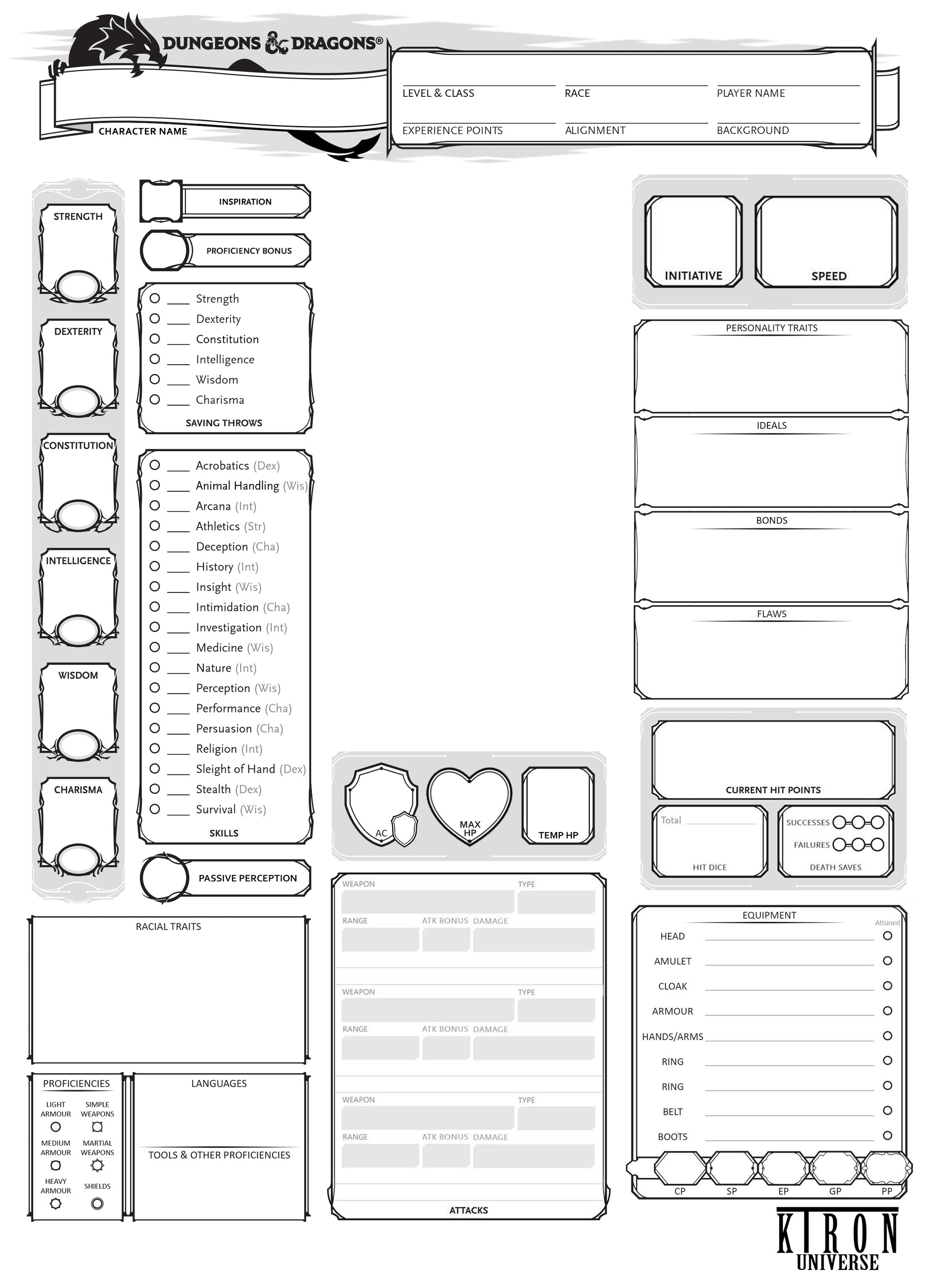 d and d character sheet on Kieran Peek