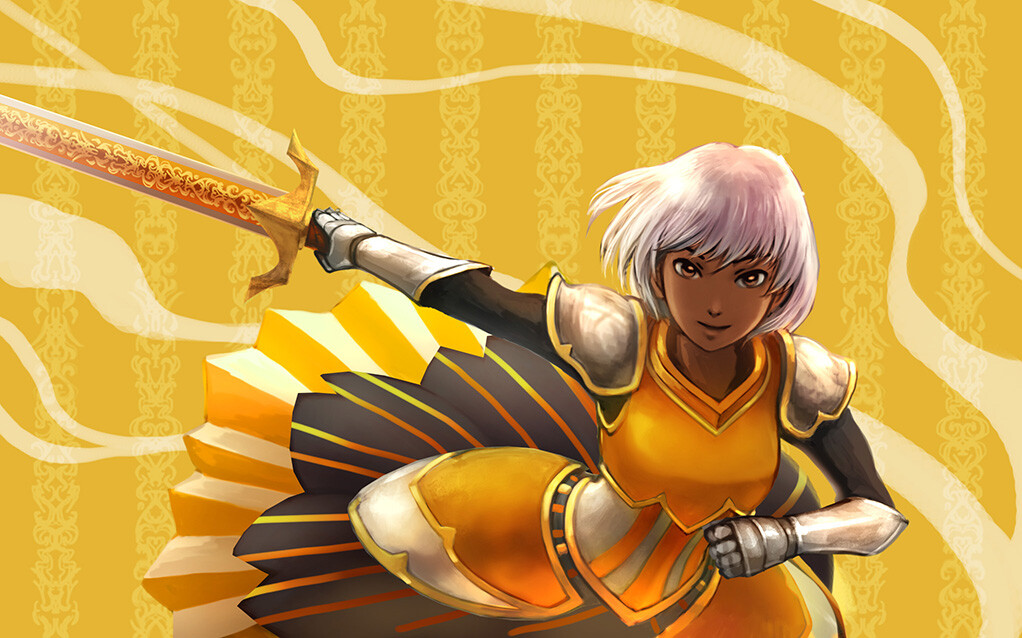 Badge art: swordie. One of the Anime Detour mascots in a swordie outfit to match that year's Gaming theme.