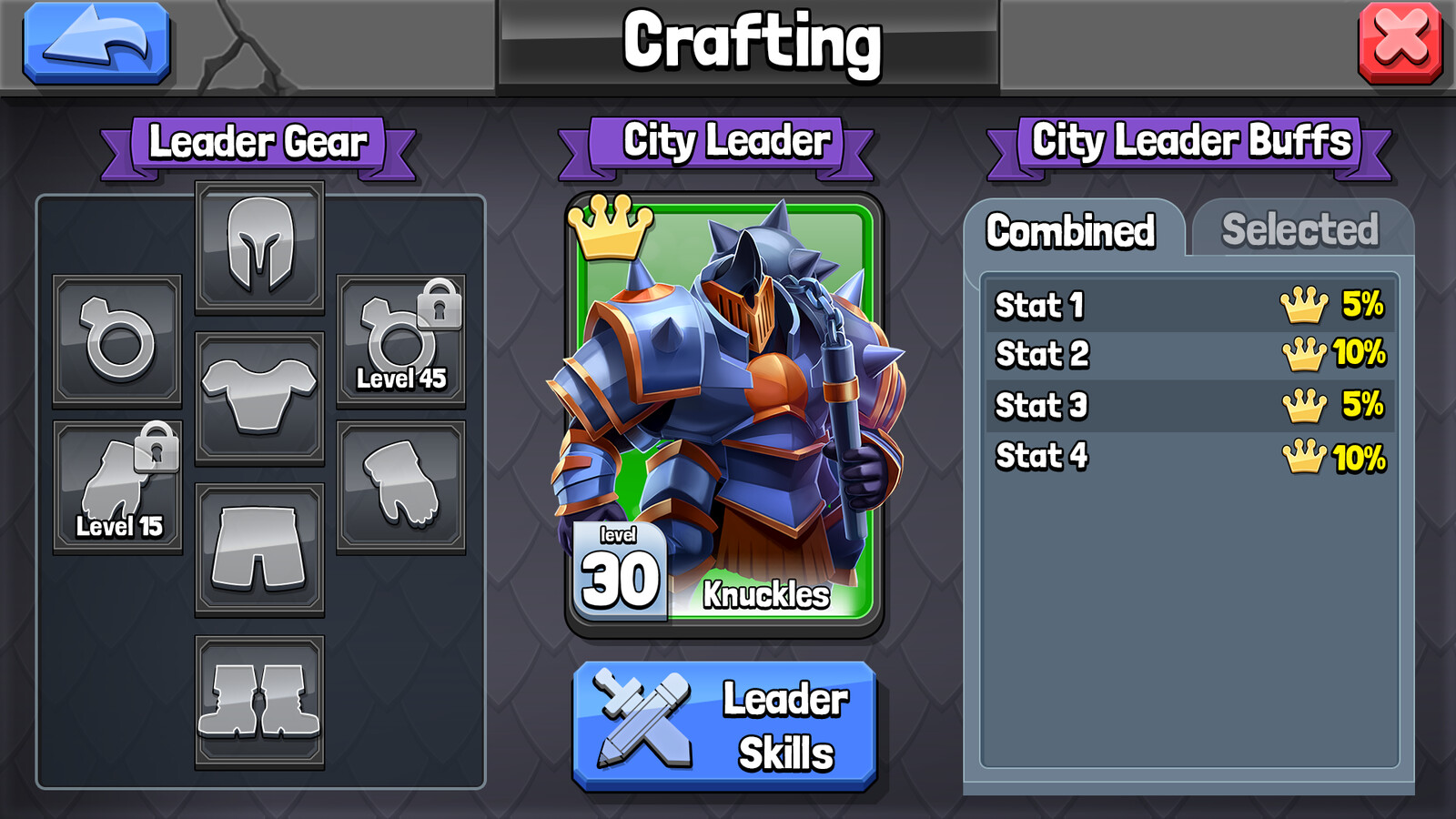 crafting screen:  a player could craft new equipment and customize the leaders of their city
