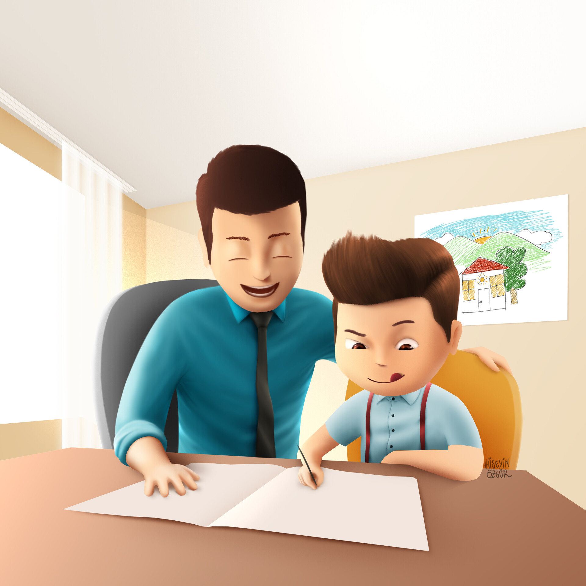 Huseyin Ozgur Little Boy Studying With His Father