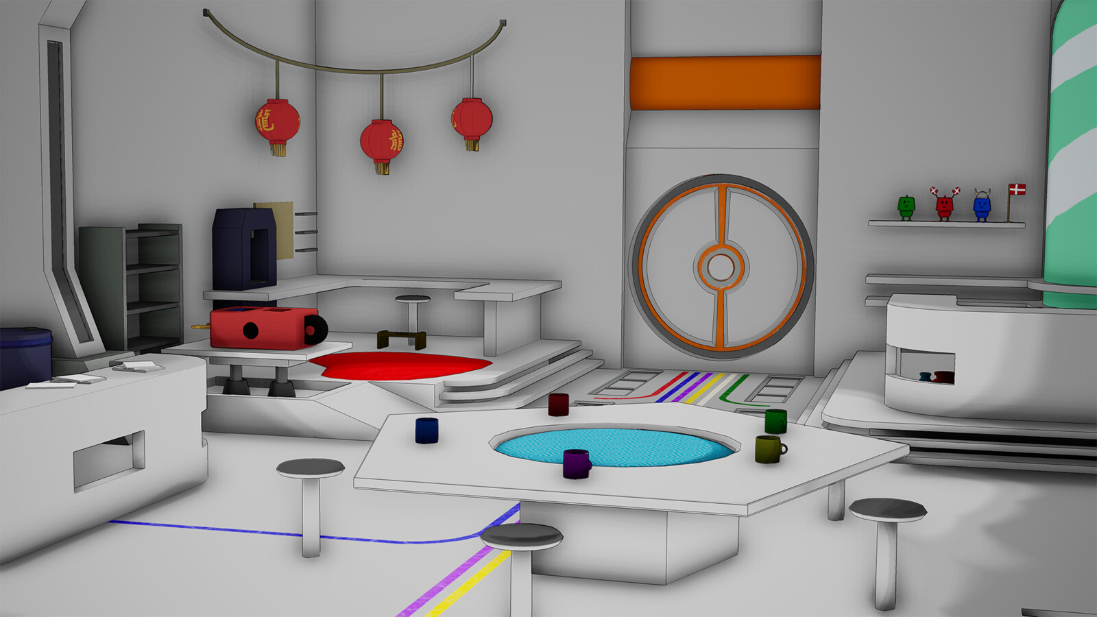 An early version of the main part of the base interior (It was later decided to do interior sets in 2D and exterior sets in 3D)