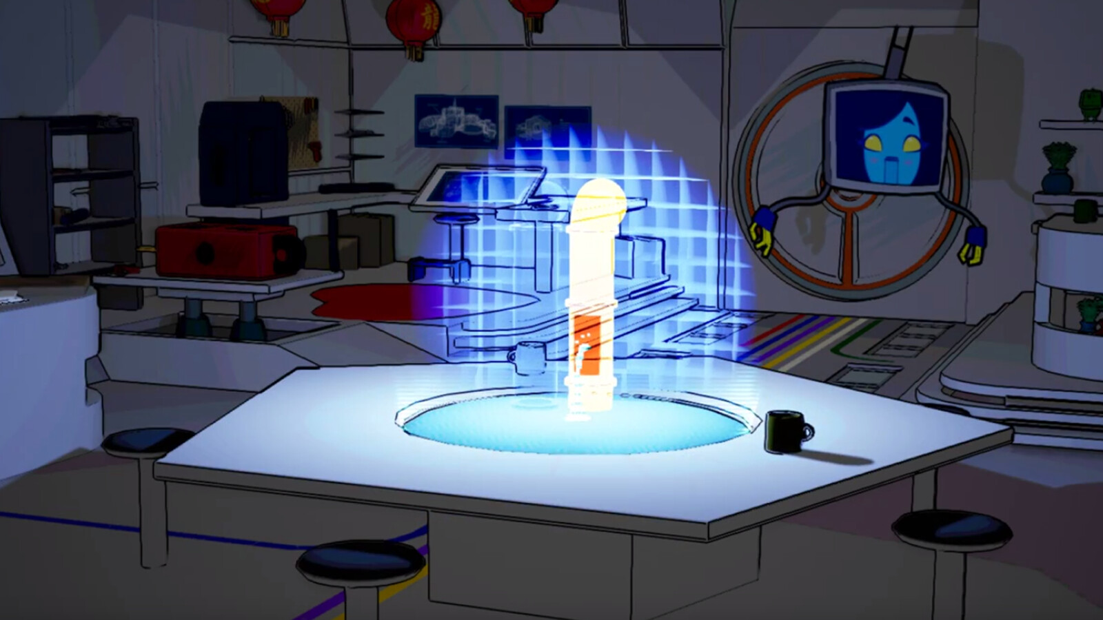 An early version of the Hologram - It used to be a voxel-version of the base exterior. It was later simplified rendered on a screen instead of being projected into the air.