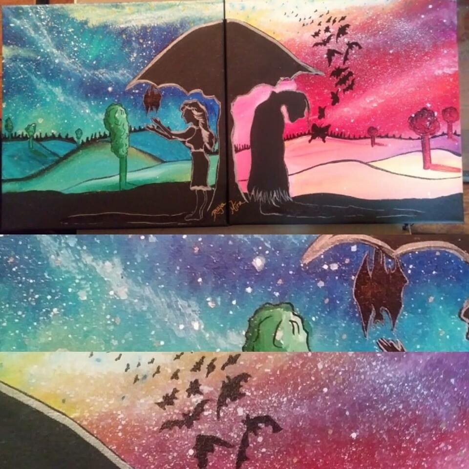 Under the Umbrella Tree Surreal Art - Acrylics - 2 Paintings