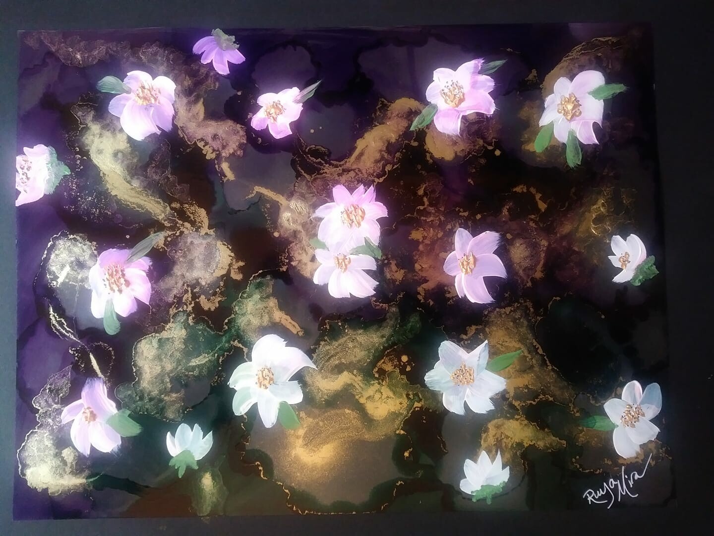 Alcohol Ink Flower Art with Gold Flakes
