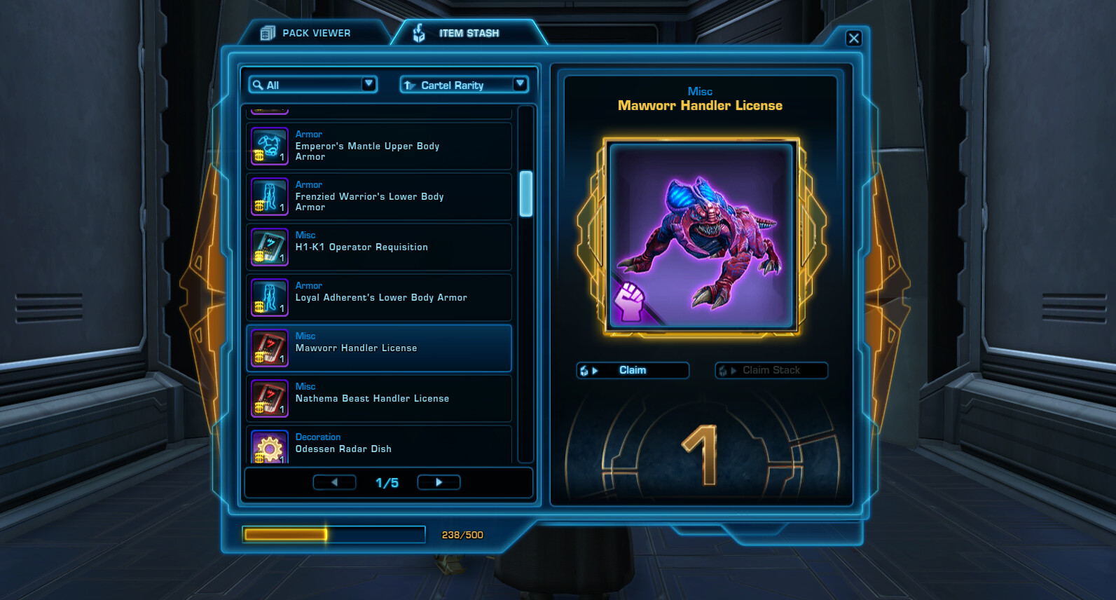 The item stash, the temporary storage area for all items that drop from opened packs.