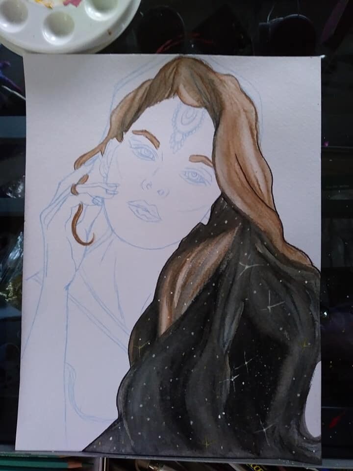 Forgot to get a pic of just the sketch before I started painting. Hair base done here.