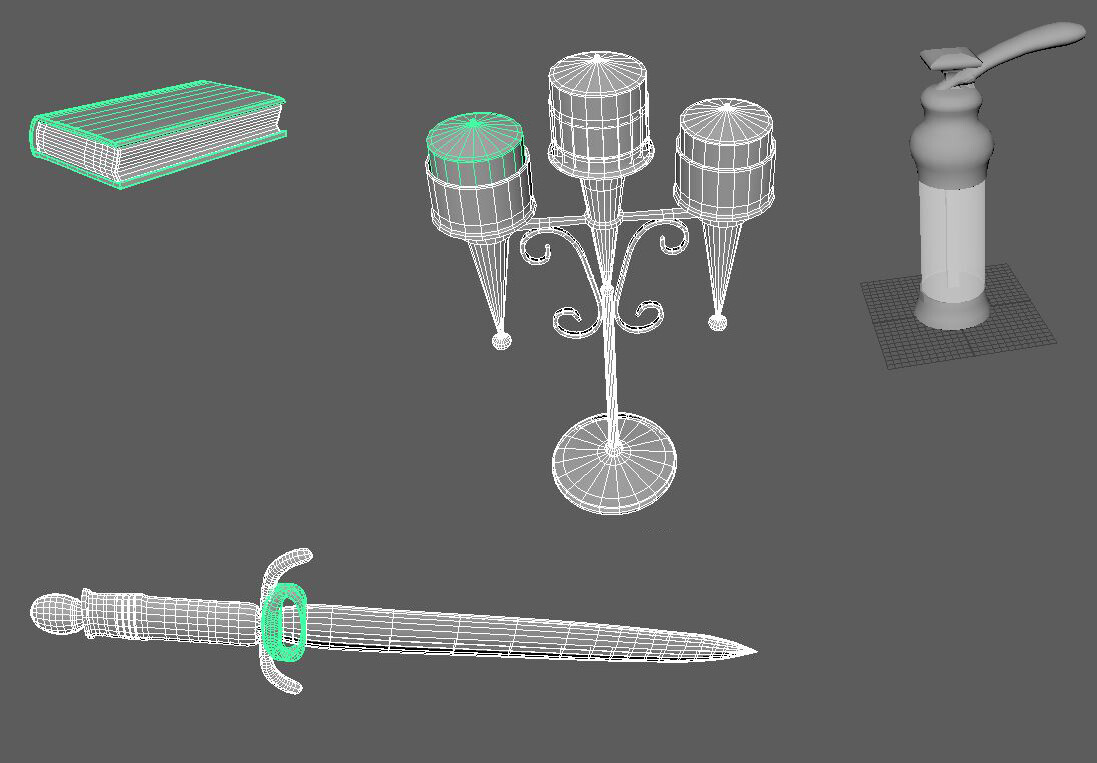 From left to right: Book, Candlestick Holder with Candles, Cookie Press, Dagger at bottom.